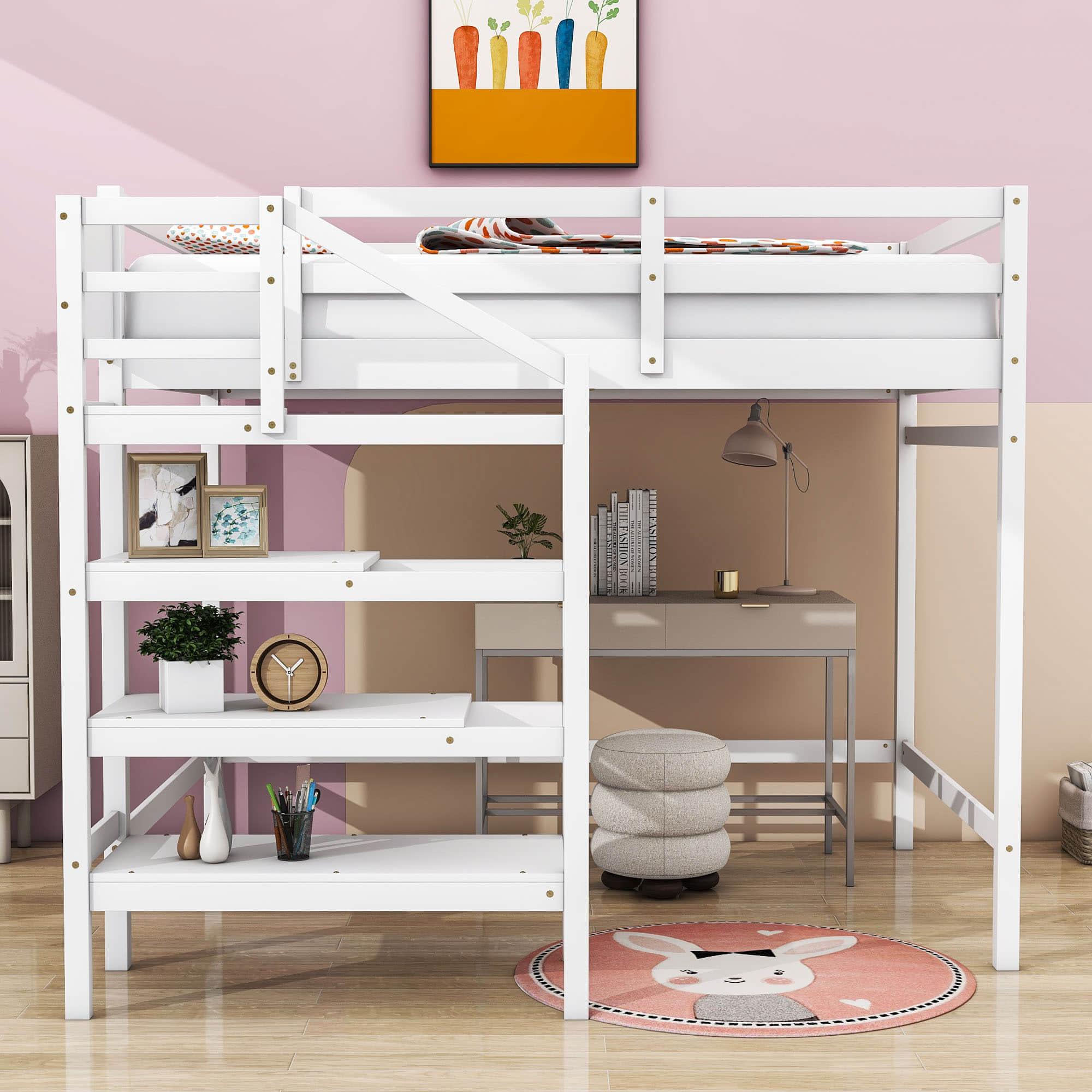 Full Size Loft Bed with Stairs and Clothes Hanger for Adults, Teens