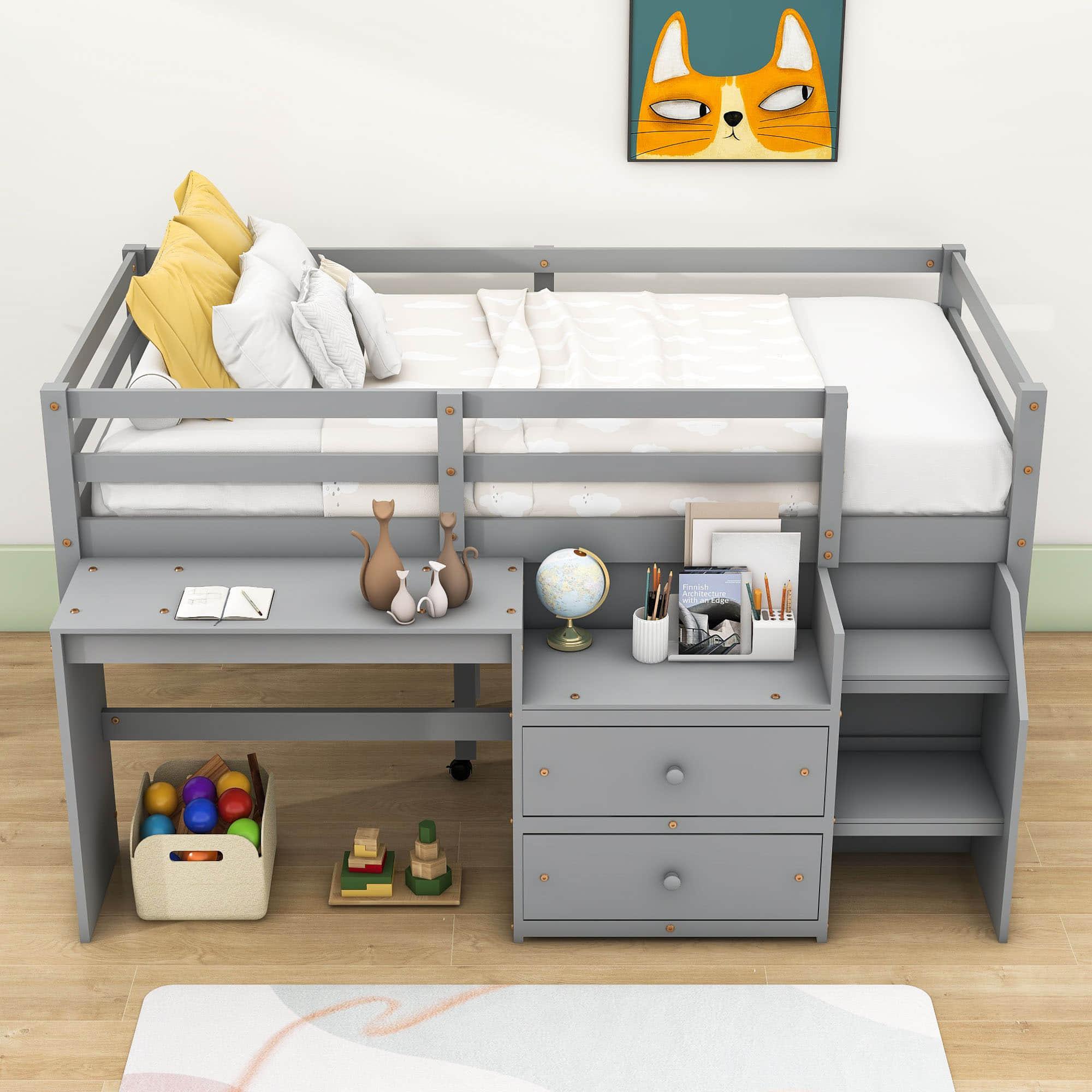 Twin Size Kids Low Loft Bed with Desk, Stairs and Storage Drawers