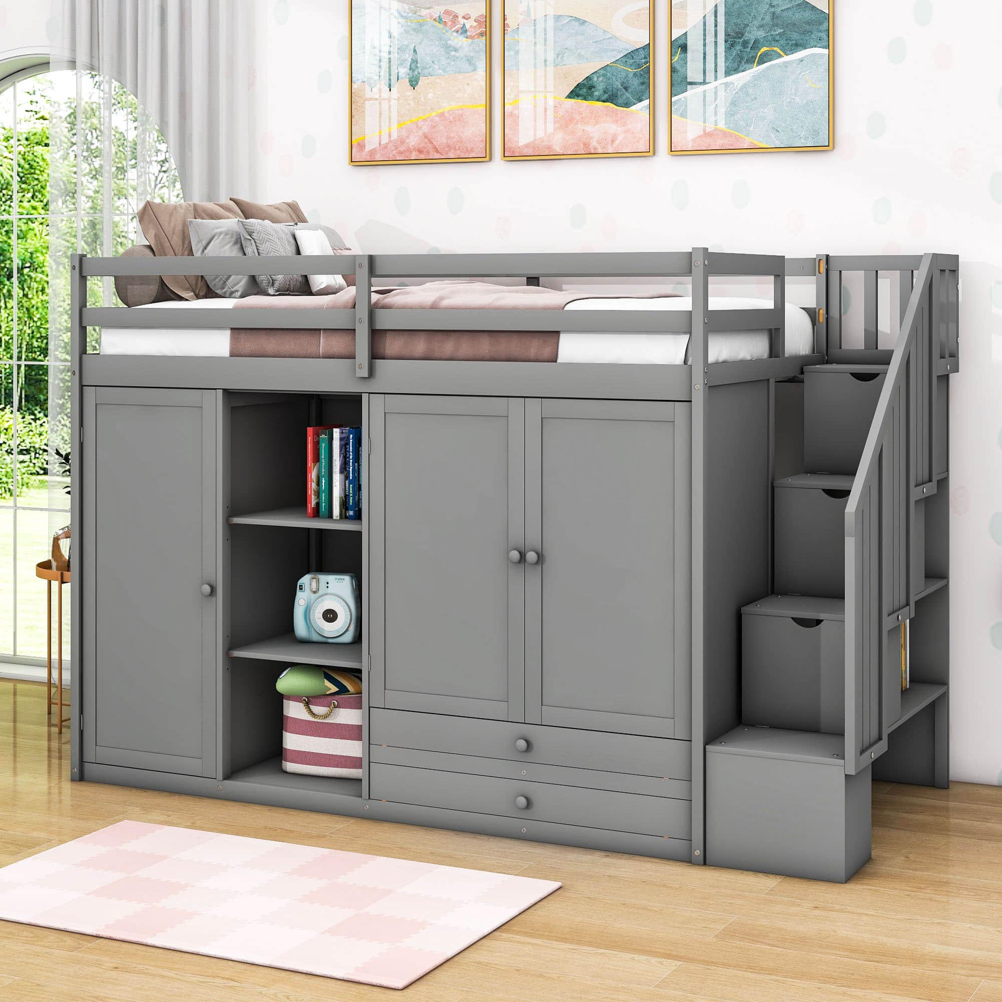 Medium Twin Loft Bed with Stairs and Storage - [Wood, Drawers, Wardrobe, Shelves]