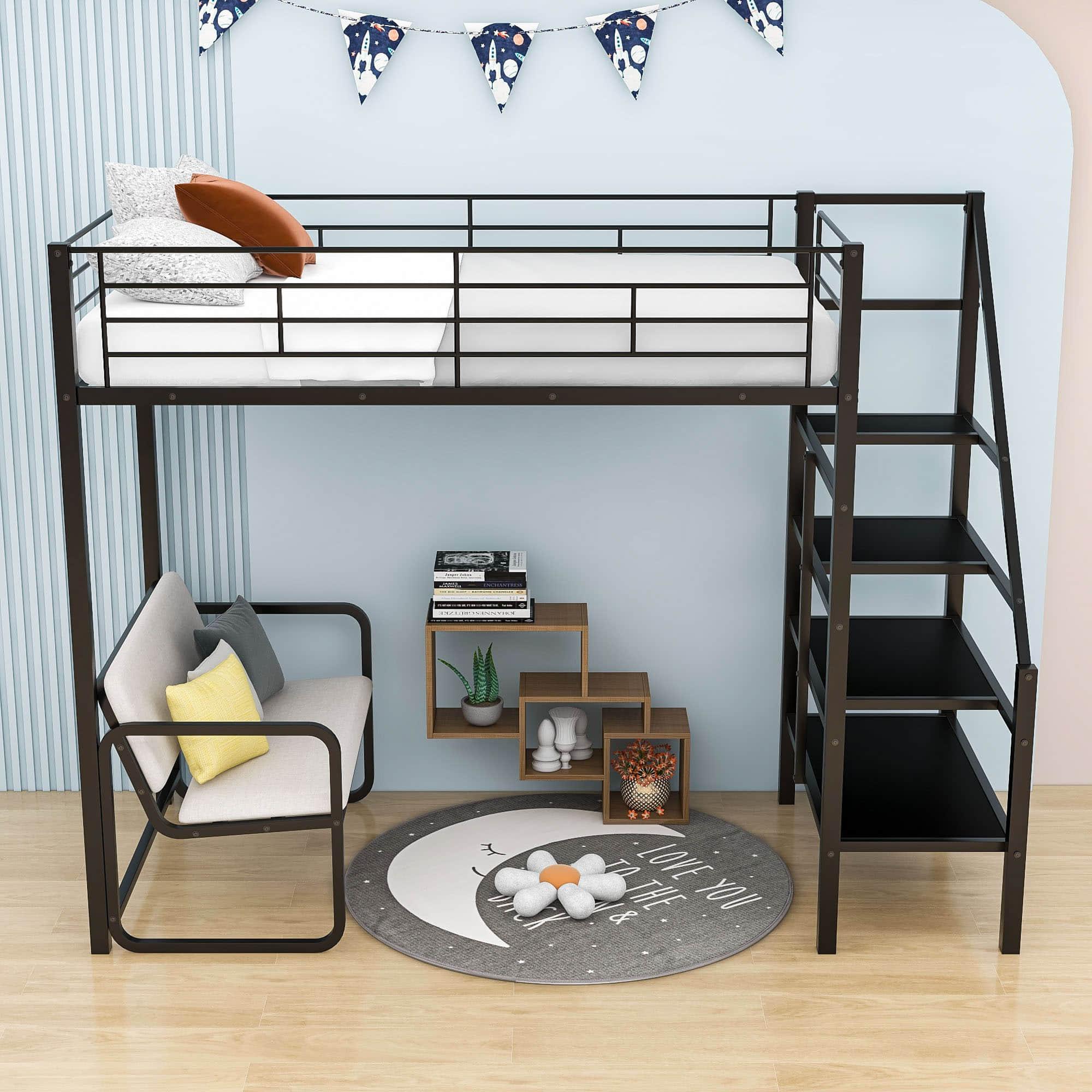 Metal Twin Loft Bed with Stairs and Couch, Storage Shelves for Kids, Adult