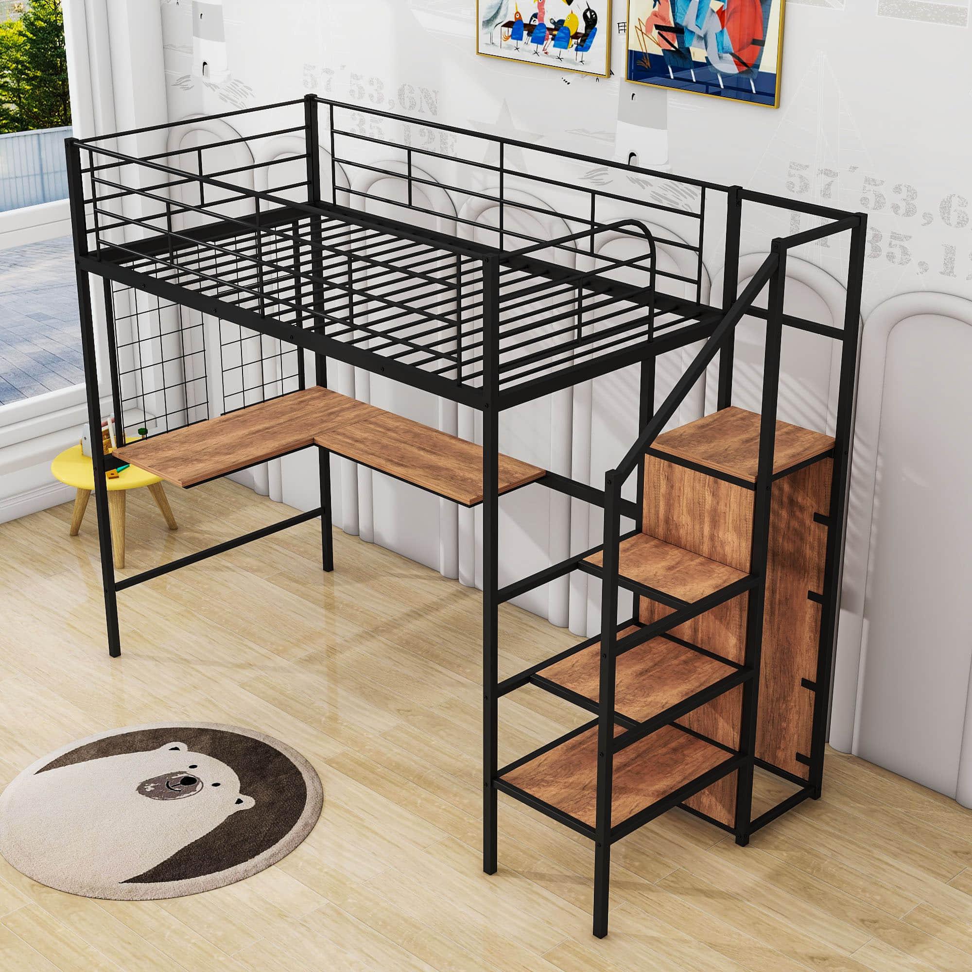 Twin Size Metal Loft Bed with Desk and Stairs, Storage Wardrobe