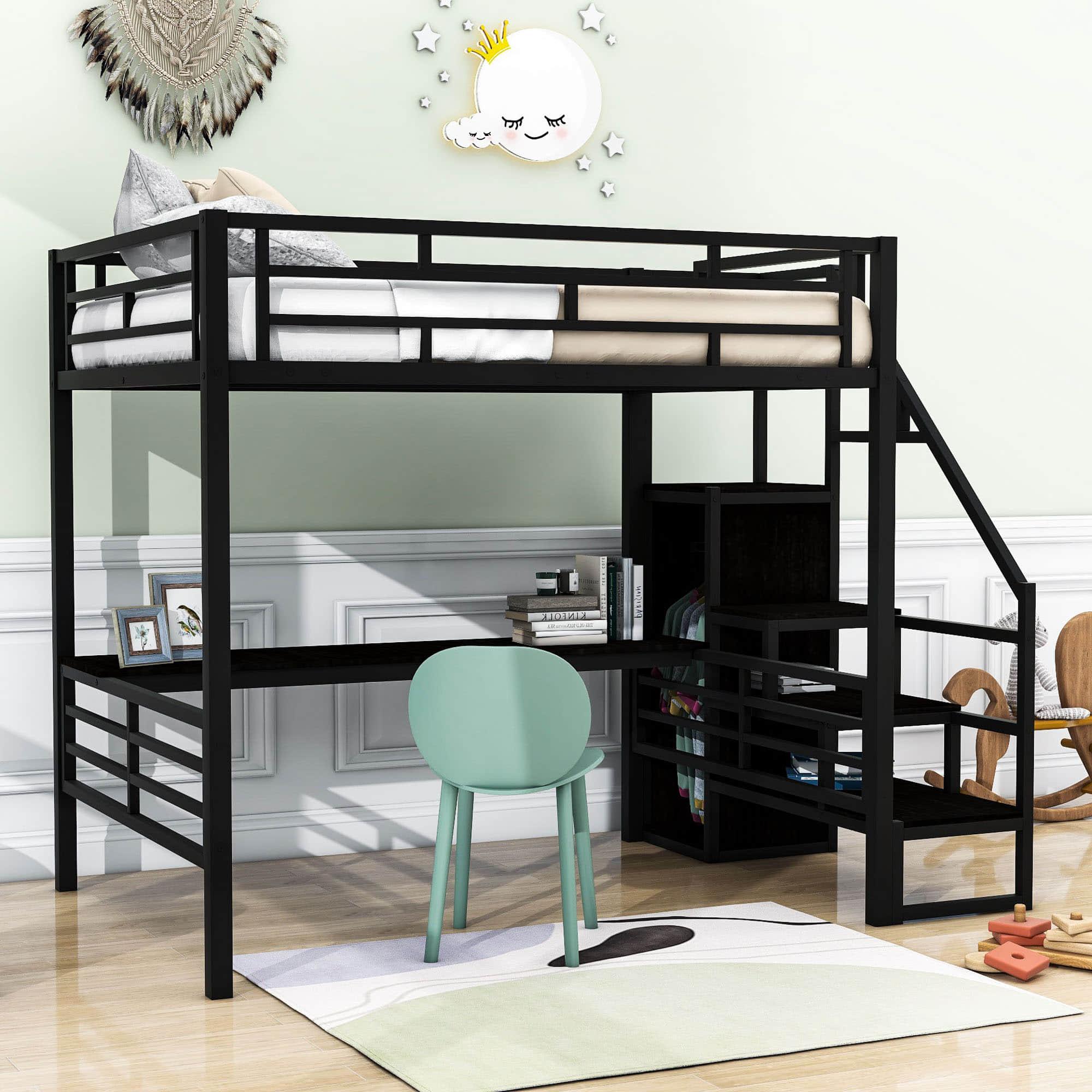 Full Size Loft Bed with Desk and Storage Stairs for Kids, Adult - [Wardrobe, Convertible]