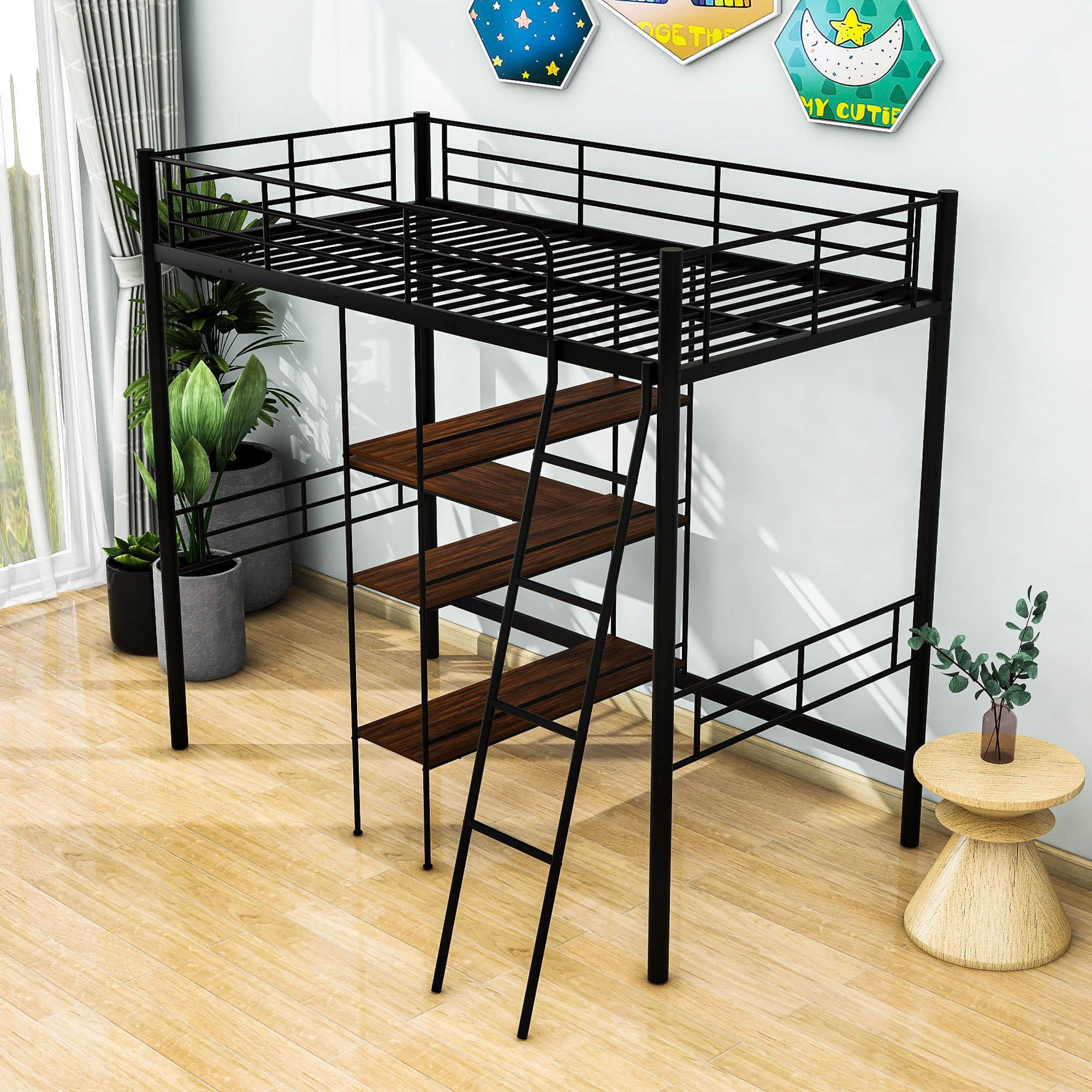 Metal Twin Loft Bed with Desk and Storage Shelves - [Wood]