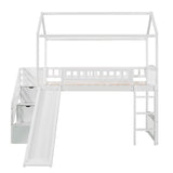 Kids Twin Playhouse Loft Bed with Storage Stairs and Slide - [Wood, Low]