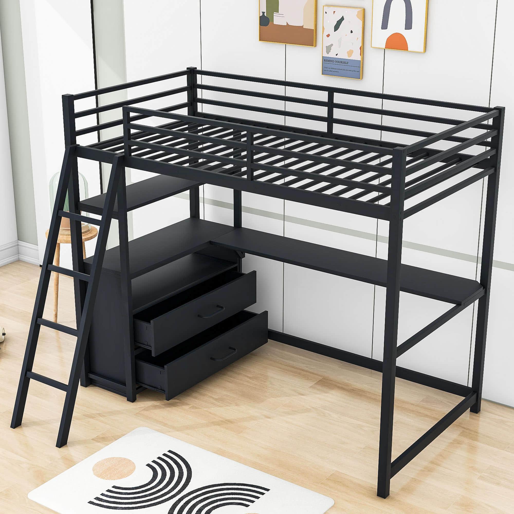 Metal Twin Size Loft Bed with Desk and Storage for College, Dorms