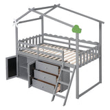 Twin Size Low House Loft Bed with Storage for Kids - [Cabinet, Drawers]