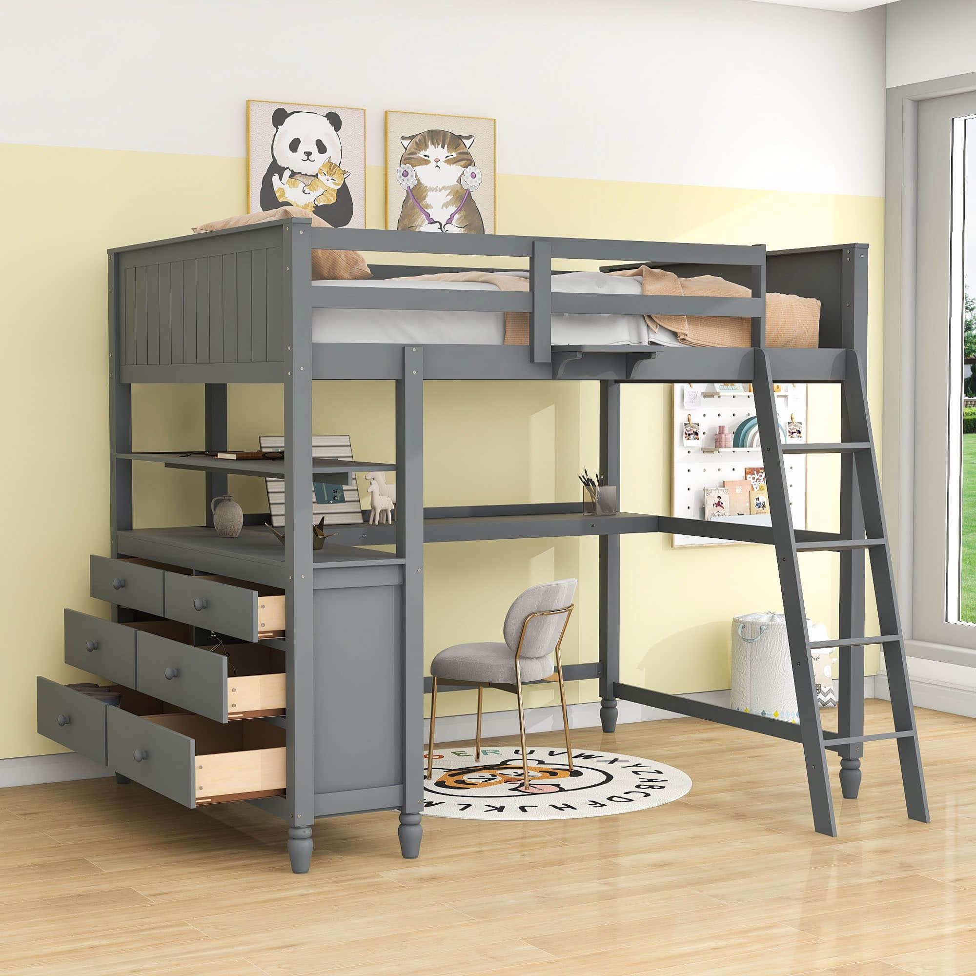 Full Size Loft Bed with Desk and Storage Dresser for Adult, Kids - [Wood, Drawers, Shelves]