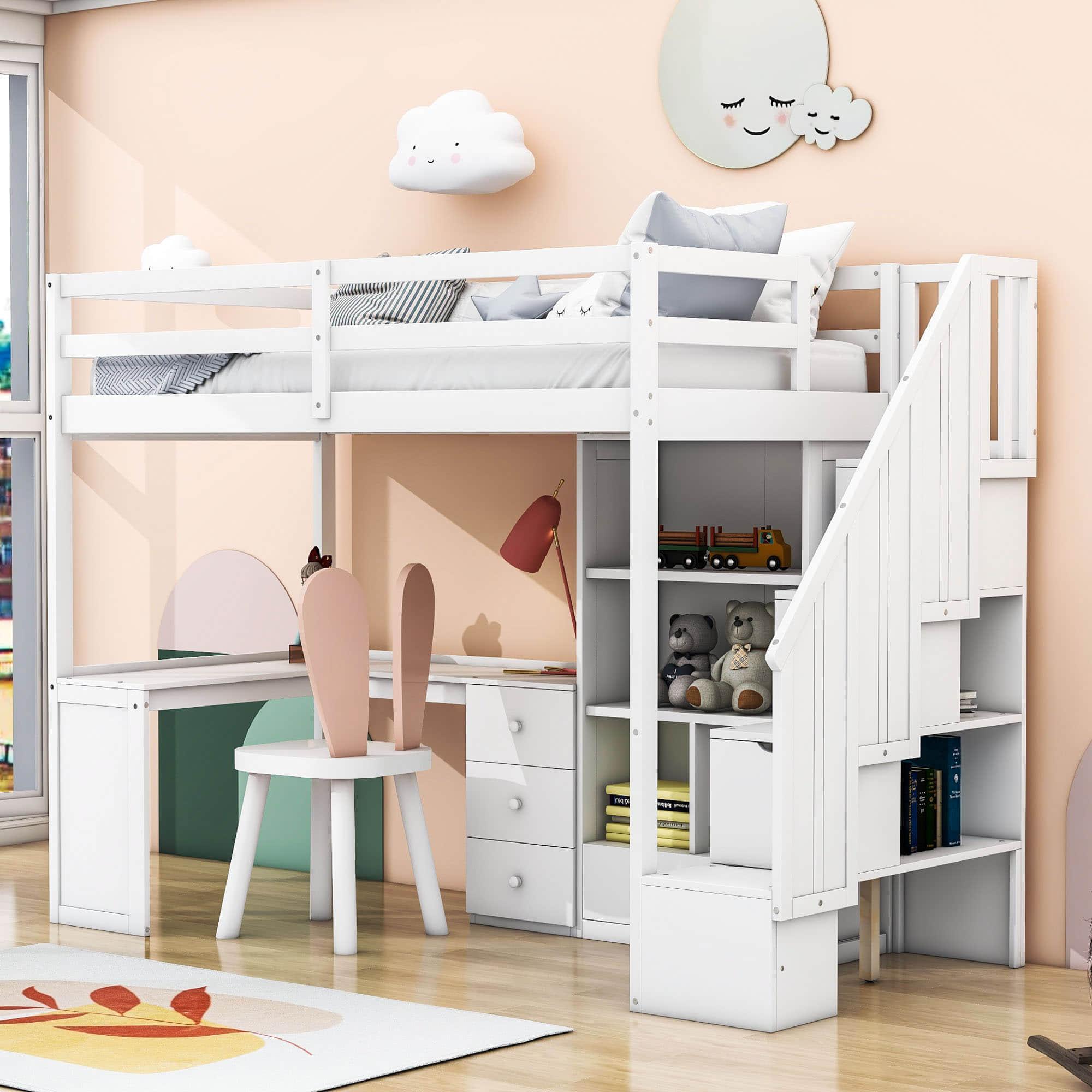 Twin Loft Bed with Desk and Stairs, Storage for Kids, Teens - [Wood]