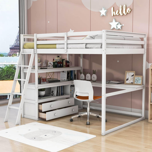 Full Size Loft Bed with Desk and Storage for Adults, Teens, Jr - [Wood]