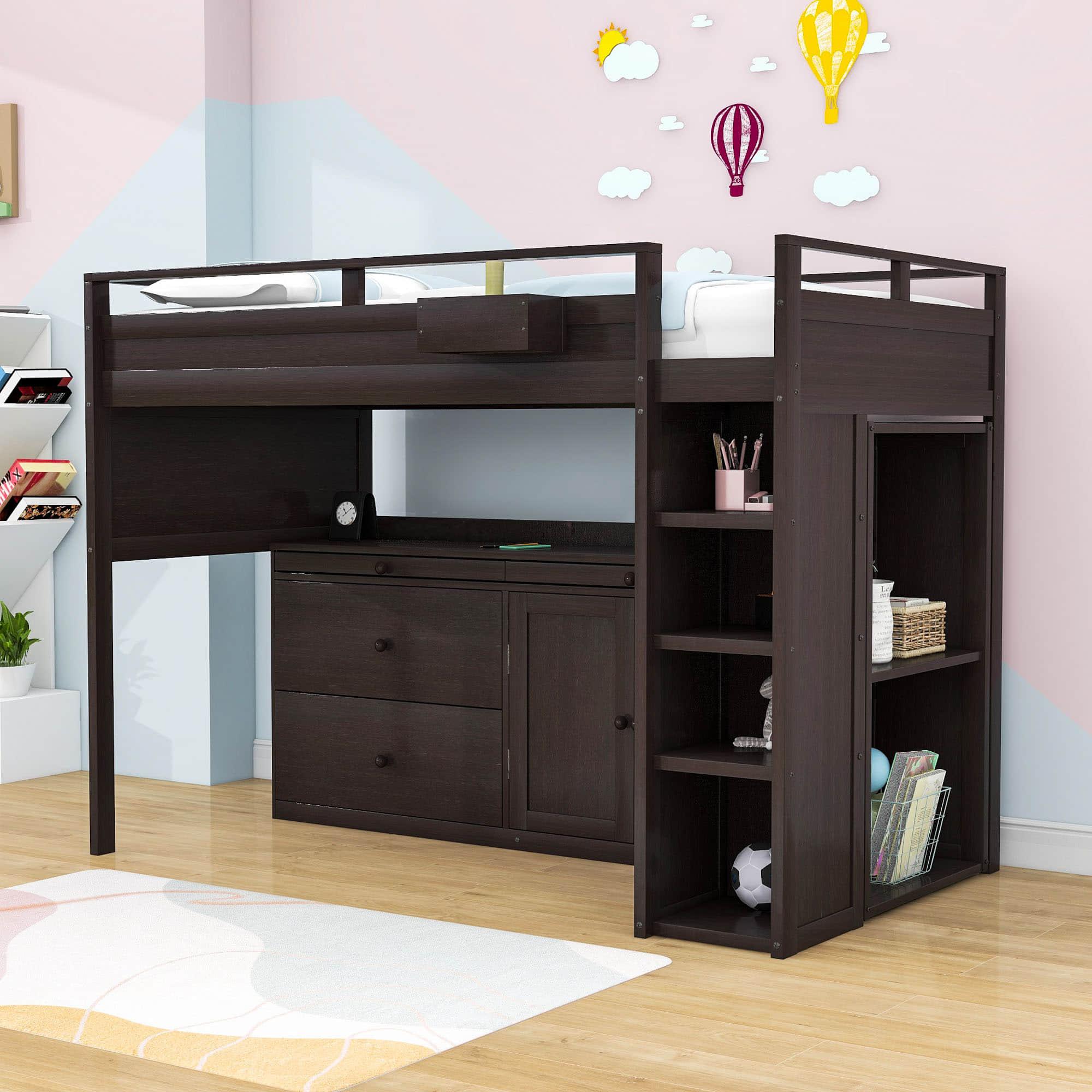 Twin Loft Bed with Desk and Storage for Kids, Teens - [Wooden]