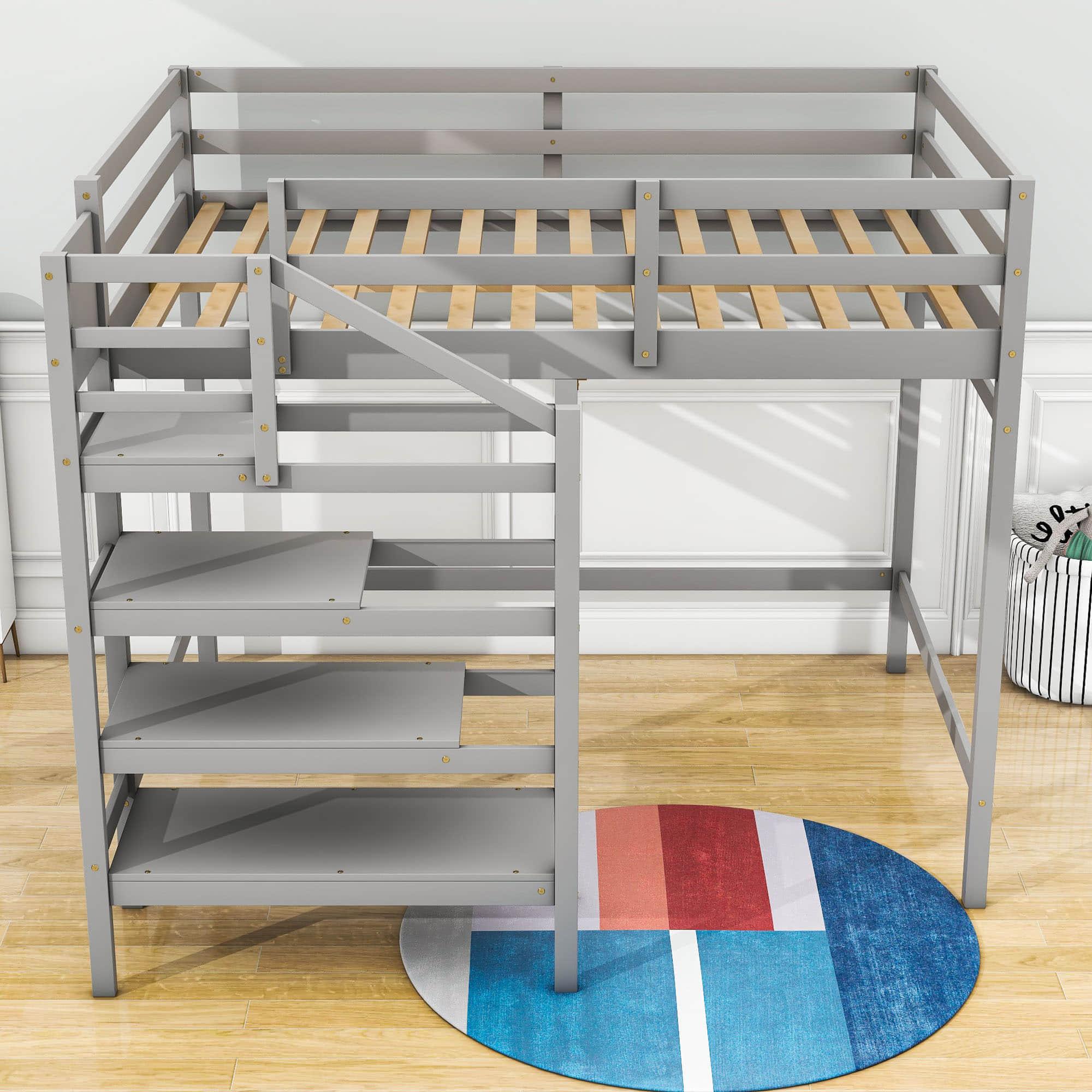 Full Size Loft Bed with Stairs and Clothes Hanger for Adults, Teens