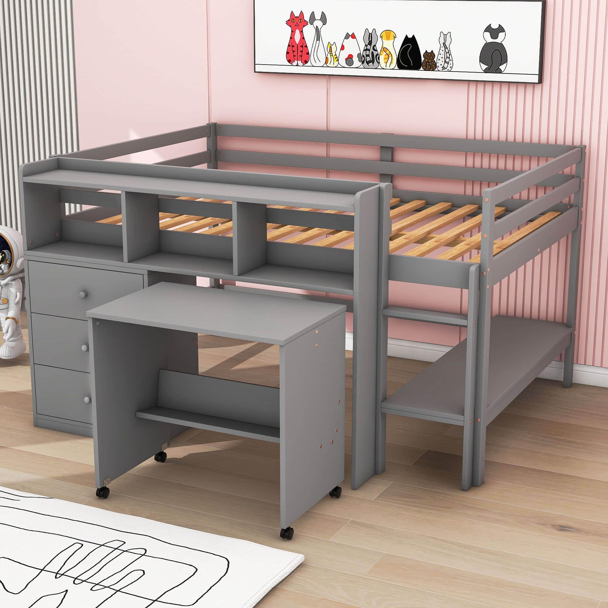 Kids Full Size Low Loft Bed with Portable Desk and Storage - [Wood, Drawers, Shelves]