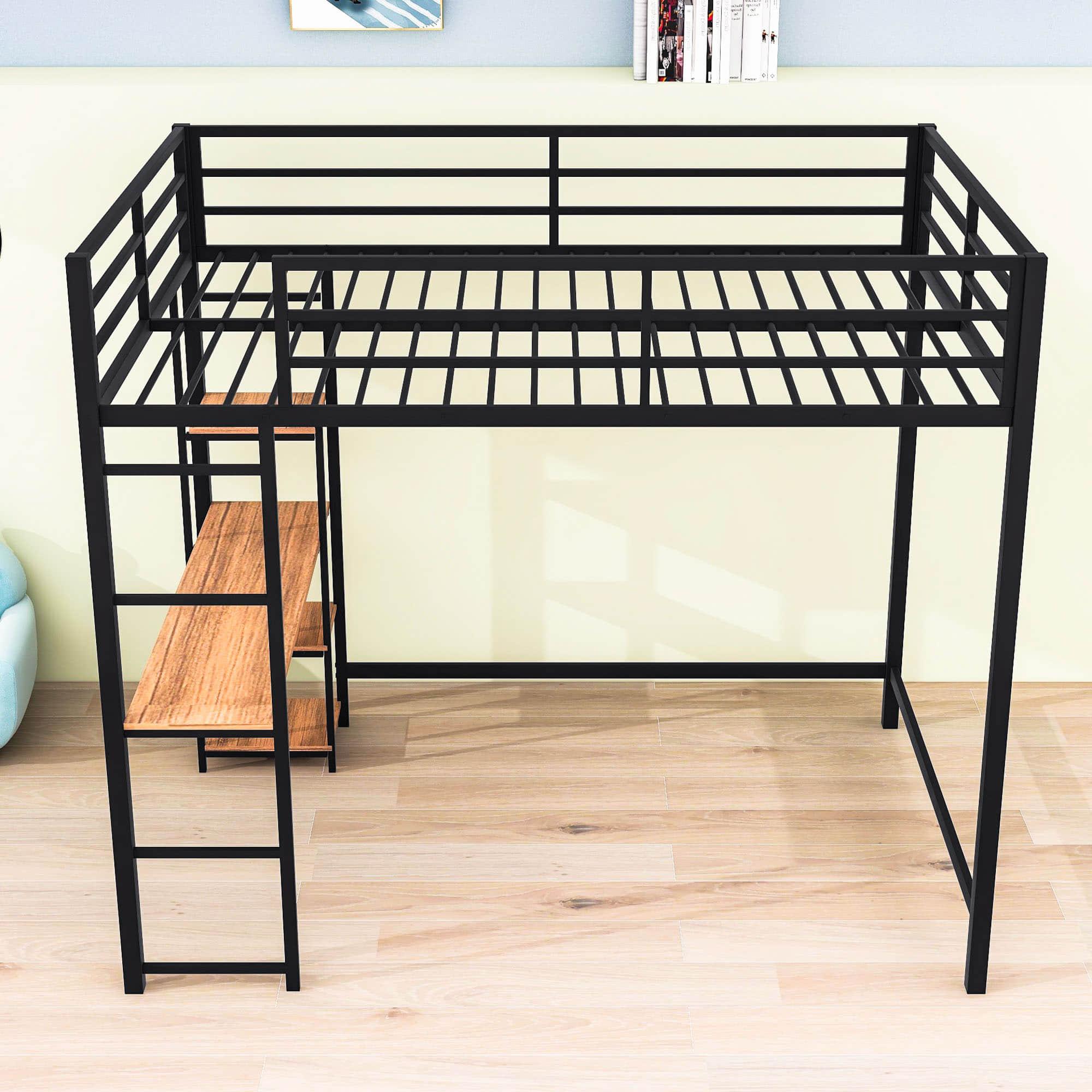 Full Size Metal Loft Bed with Desk and Storage Shelves for Kids, Adults