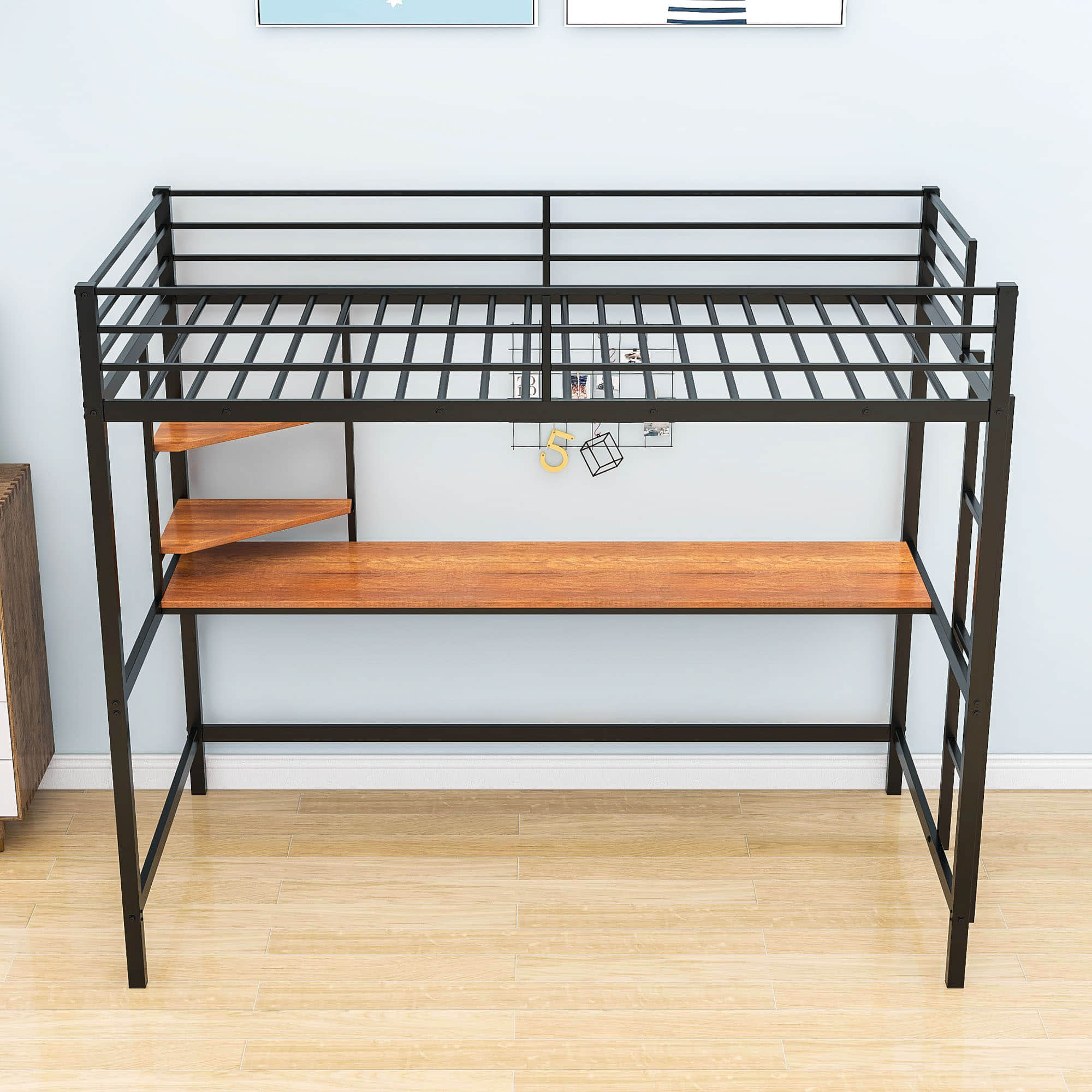 Metal Twin Loft Bed with Desk and Storage Shelves for Adults, Teens