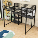 Full Size Metal Loft Bed with Desk and Storage Shelves for Adults, Kids