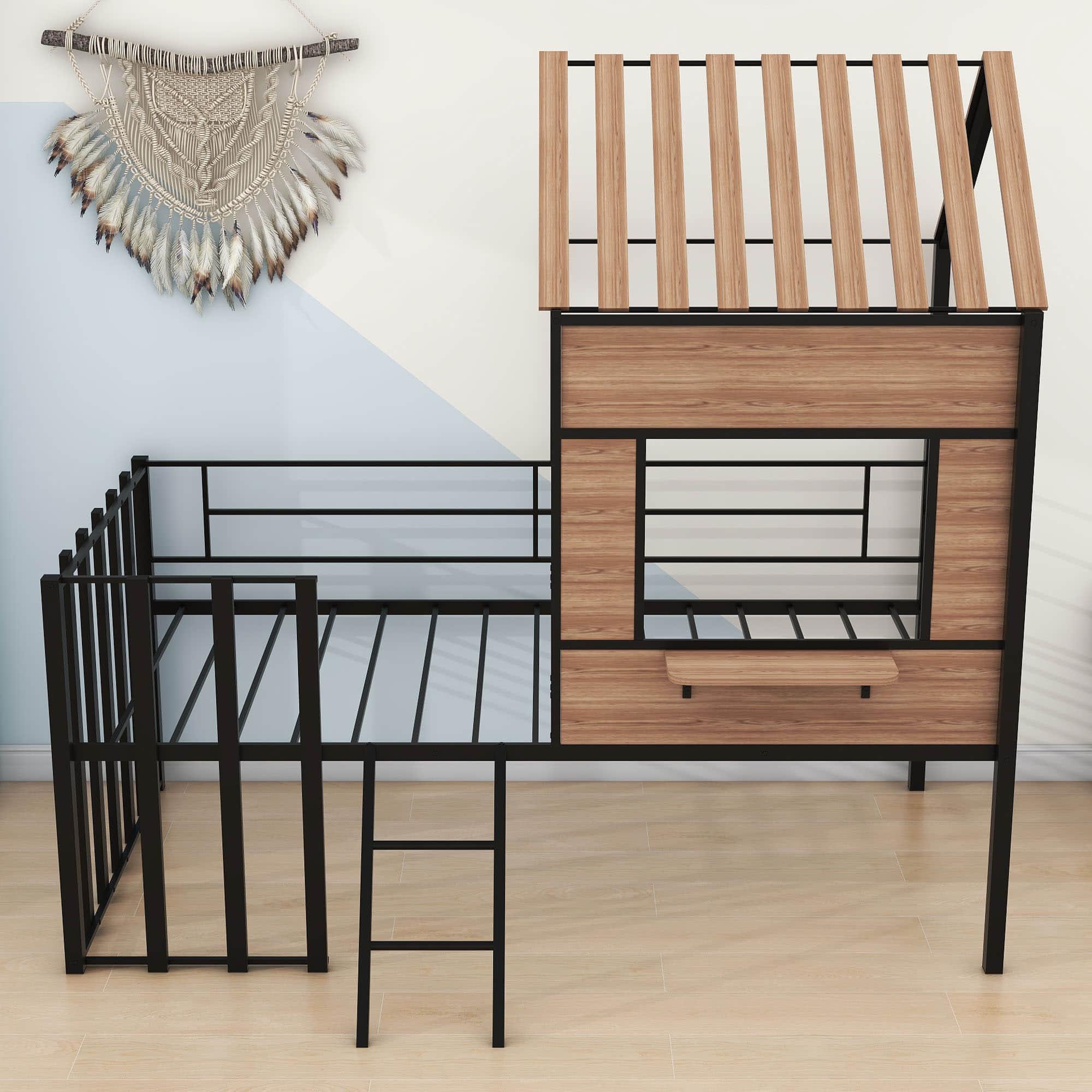 Kids Metal Low Twin Tree House Loft Bed with Window, Roof