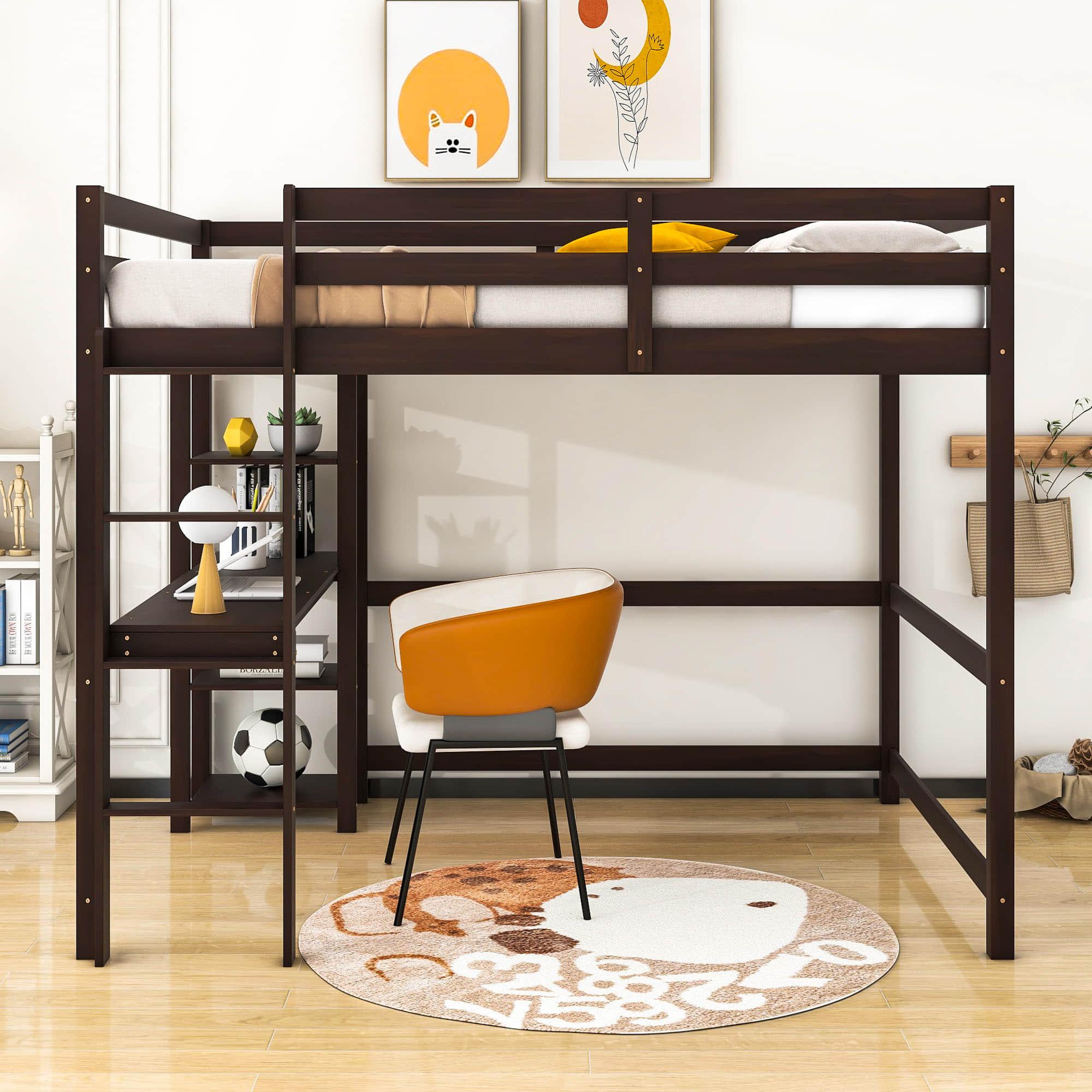 Wood Full Size Loft Bed with Desk and Storage Shelves for Kids, Teens