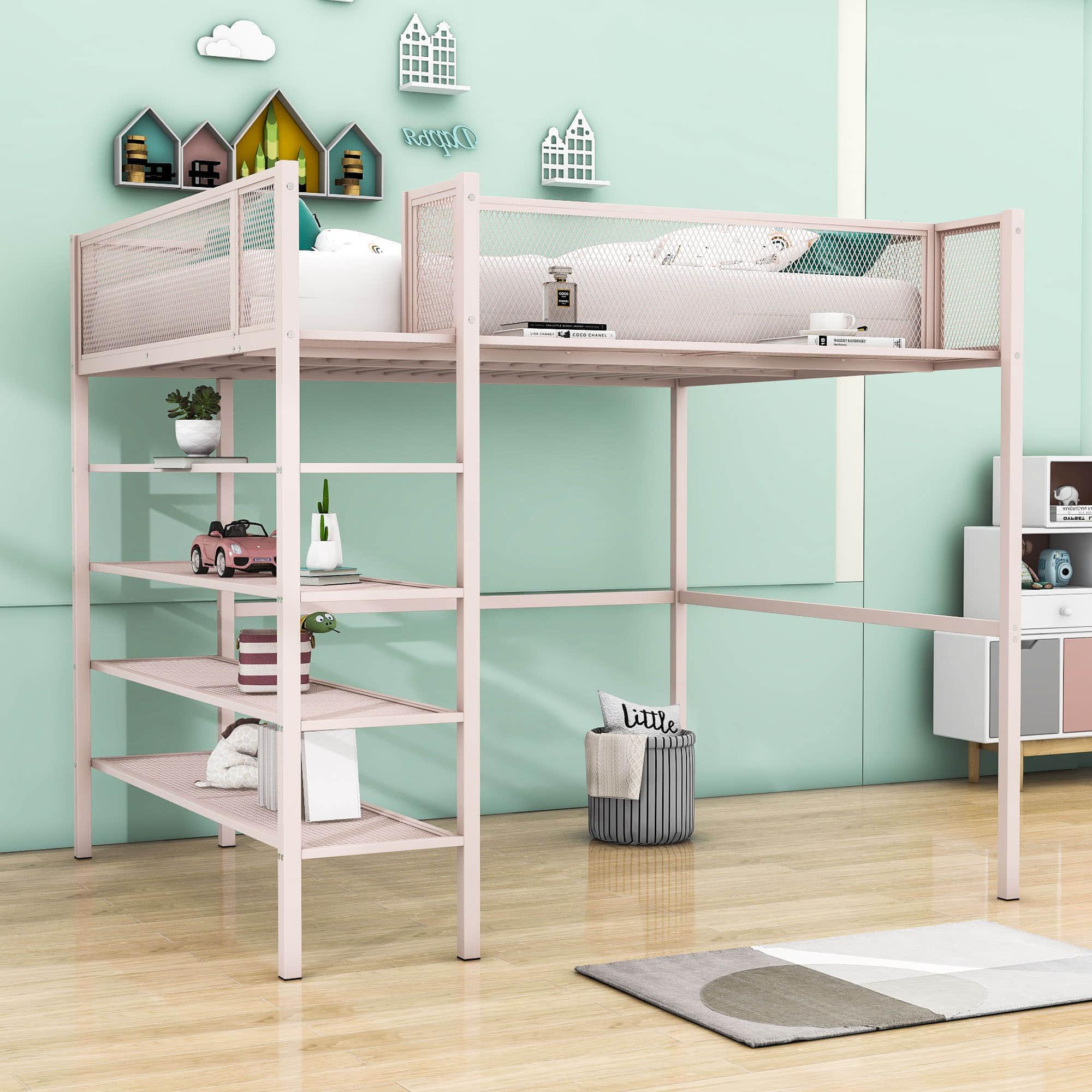 Modern Metal Full Size Loft Bed with Storage Shelves for Adult, Junior