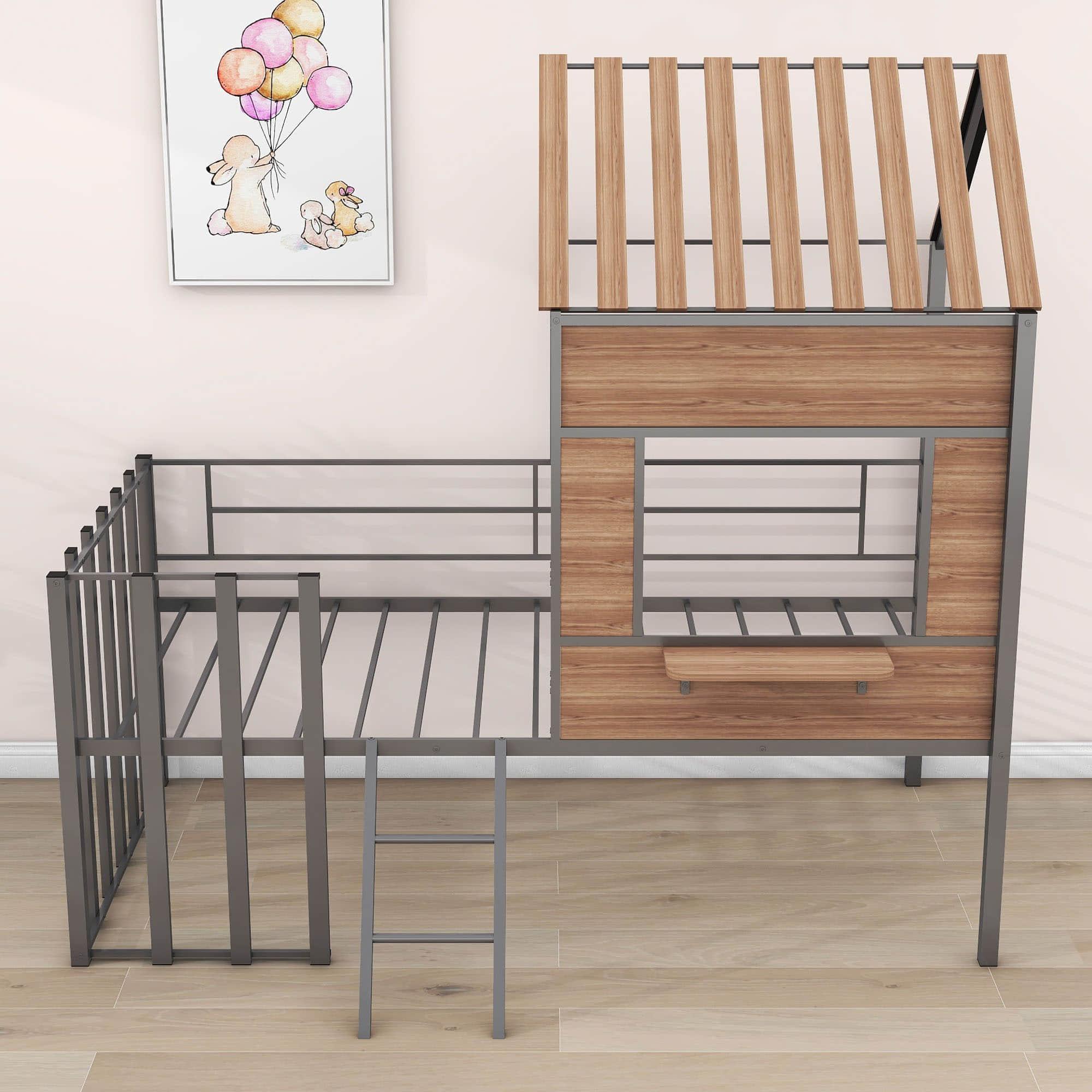 Kids Metal Low Twin Tree House Loft Bed with Window, Roof