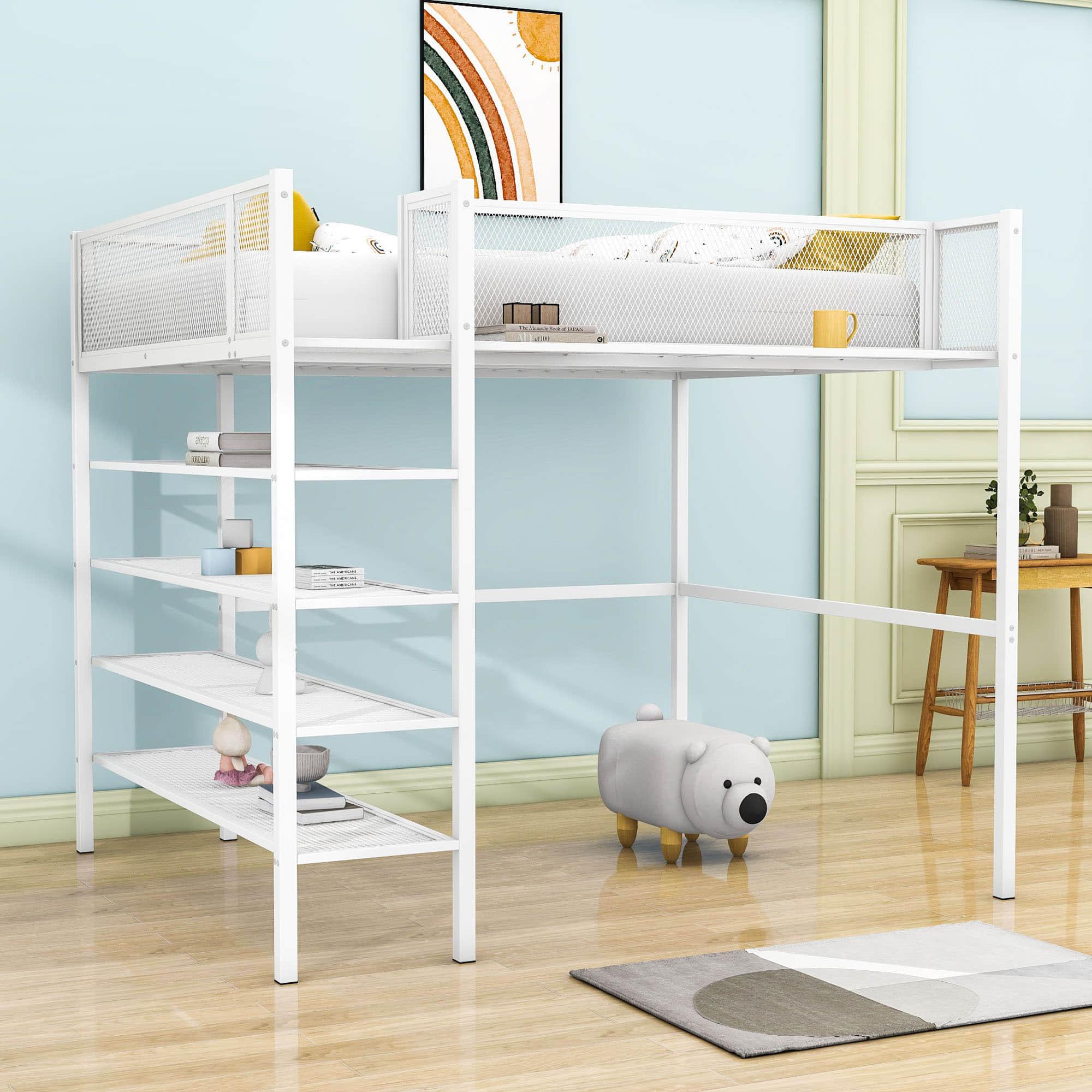 Modern Metal Full Size Loft Bed with Storage Shelves for Adult, Junior