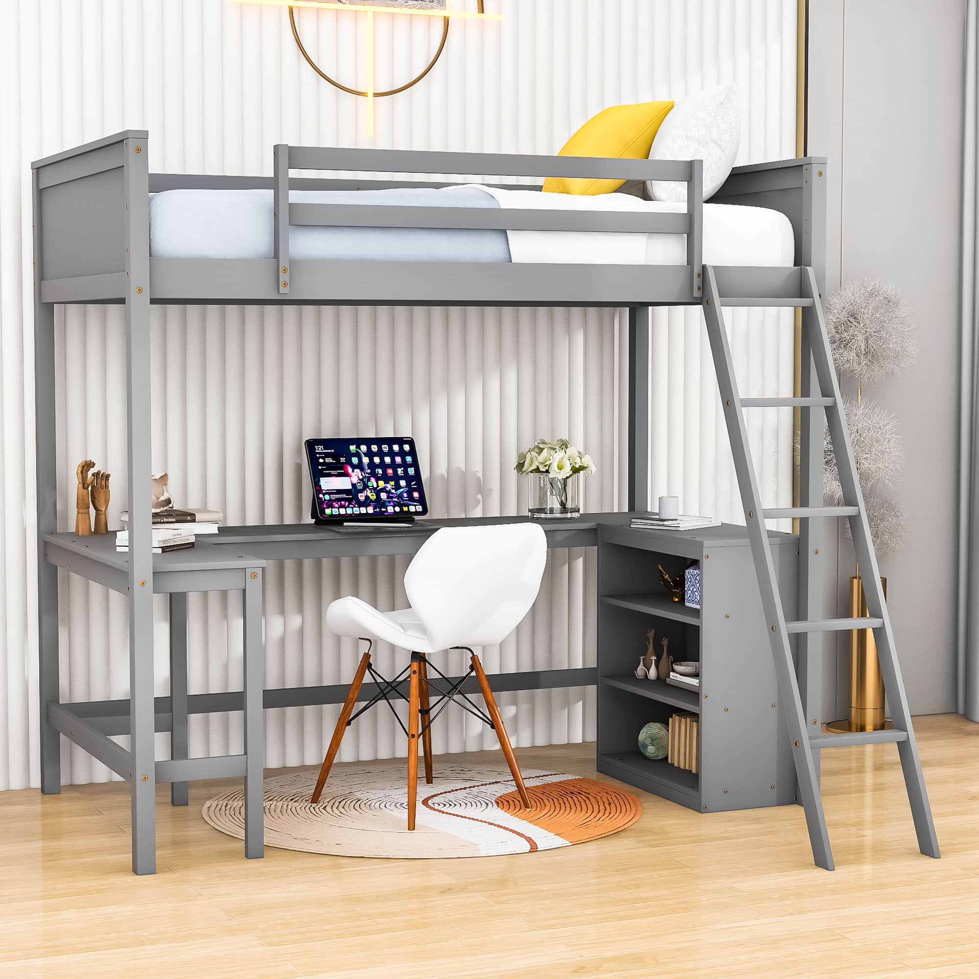 Wood Twin Size Loft Bed with Desk and Storage Shelves for Kids, Adult