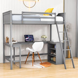 Wood Twin Size Loft Bed with Desk and Storage Shelves for Kids, Adult