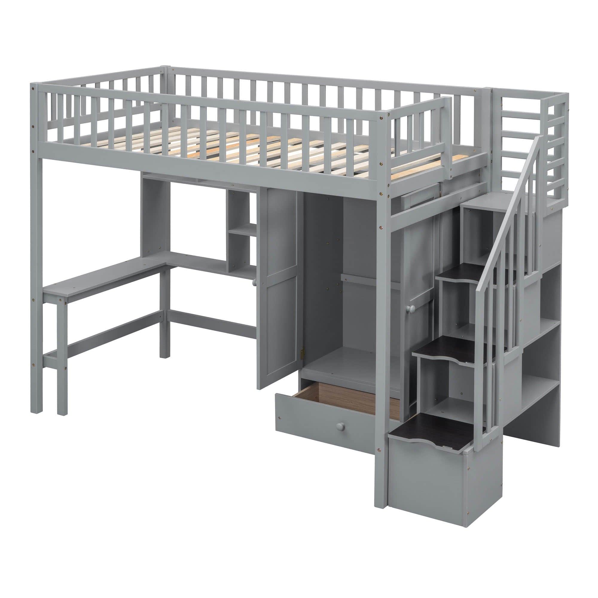 Twin Loft Bed with Desk and Storage Stairs - [Wood, Cabinet, Wardrobe, Shelves]