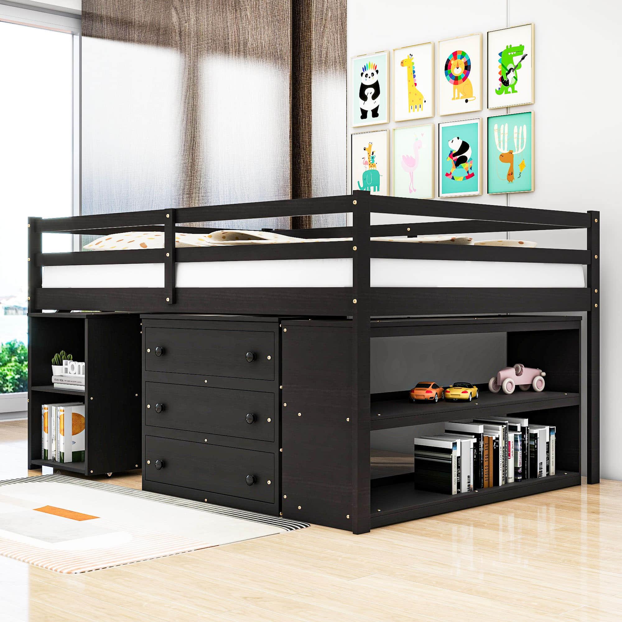 Full Size Kids Low Loft Bed with Desk and Stairs, Storage - [Dresser]