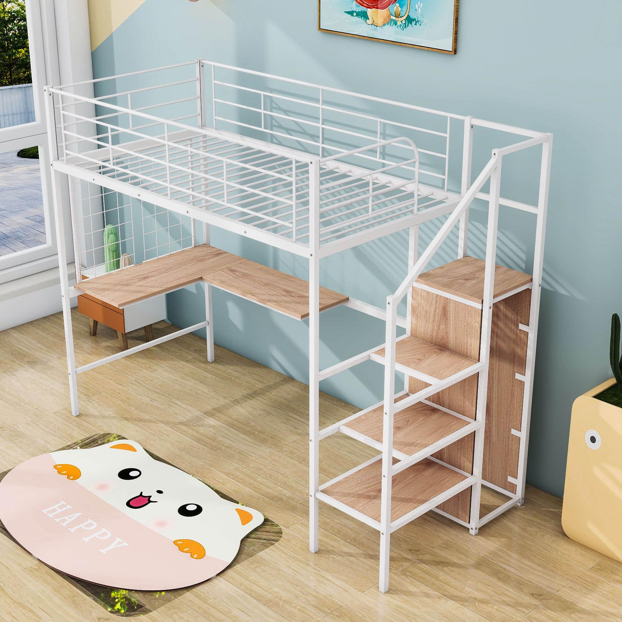 Twin Size Metal Loft Bed with Desk and Stairs, Storage Wardrobe