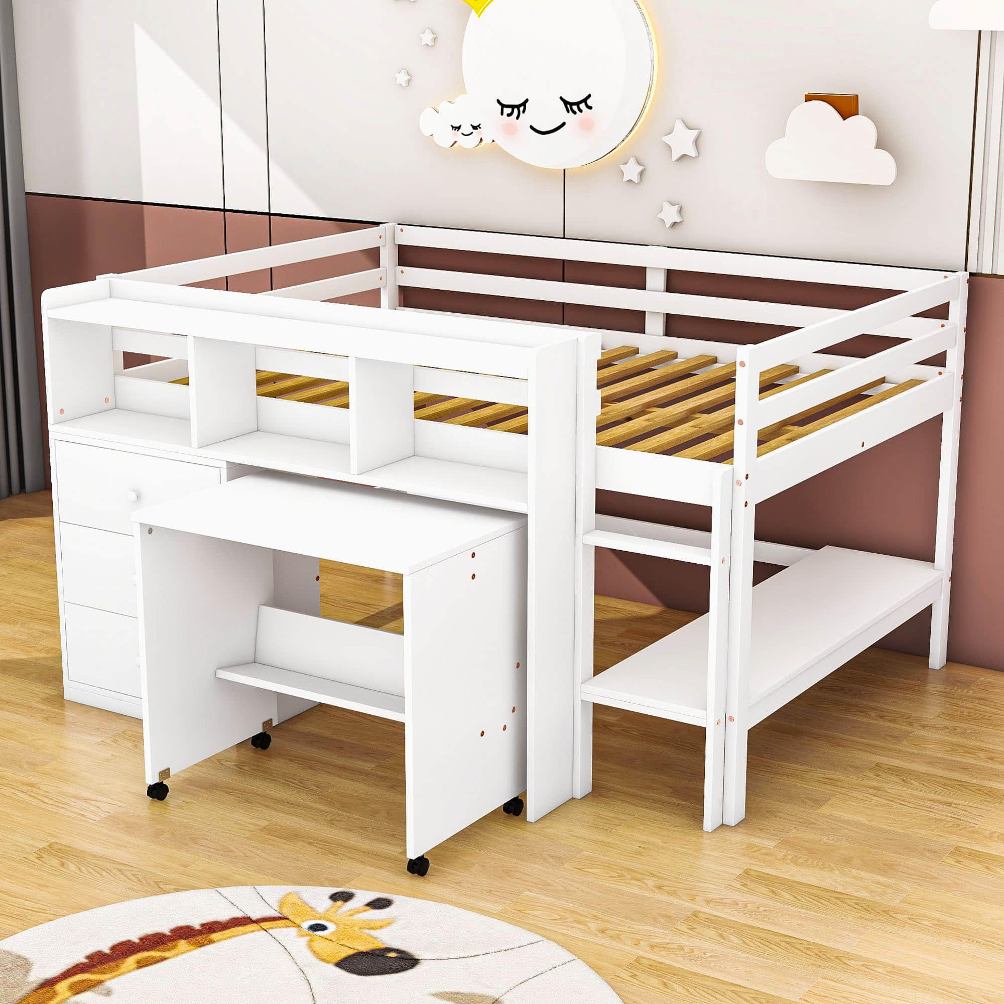 Kids Full Size Low Loft Bed with Portable Desk and Storage - [Wood, Drawers, Shelves]