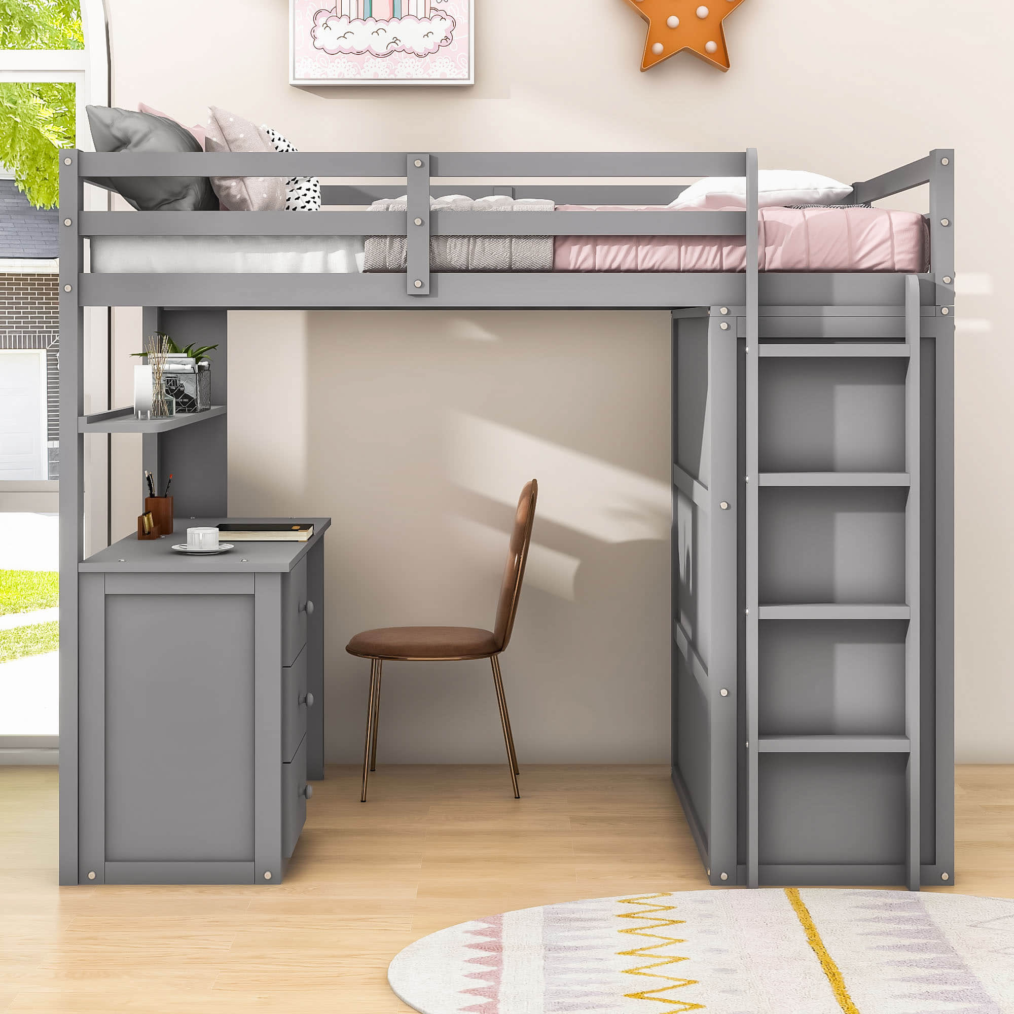 Wood Twin Loft Bed with Desk and Storage for Kids, Adults - [Wardrobe]