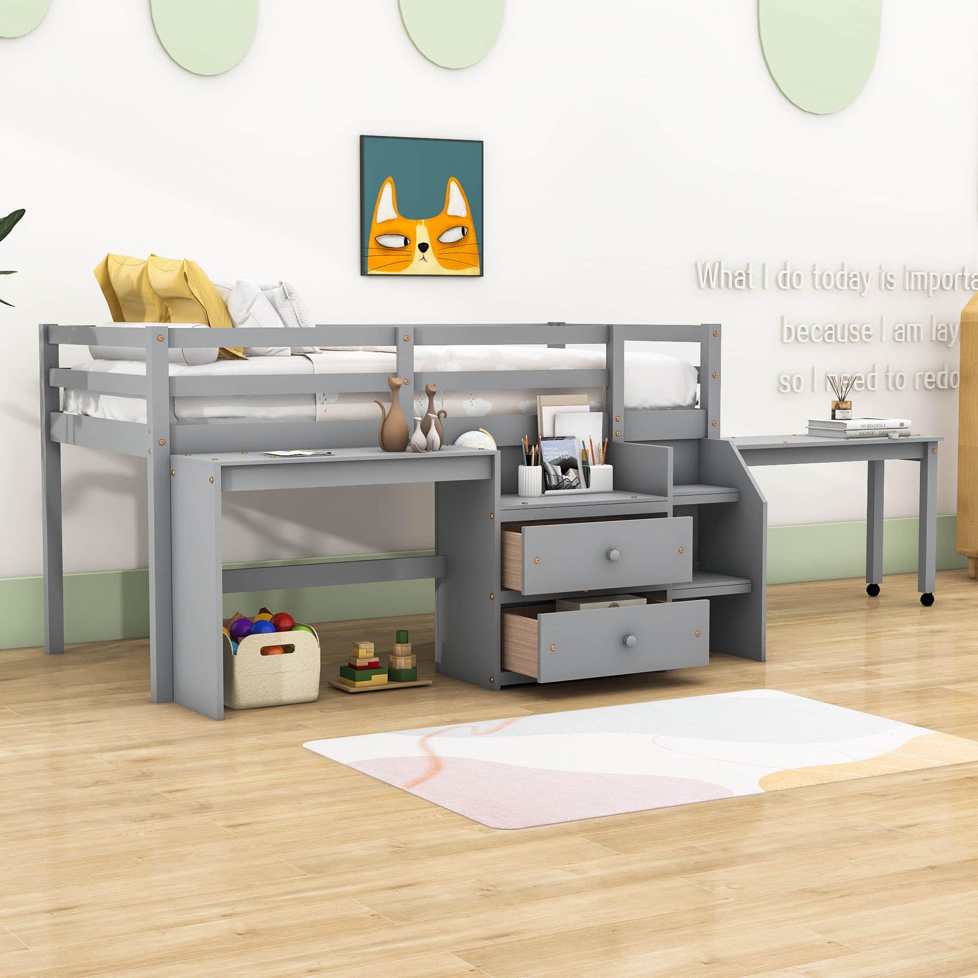 Twin Size Kids Low Loft Bed with Desk, Stairs and Storage Drawers