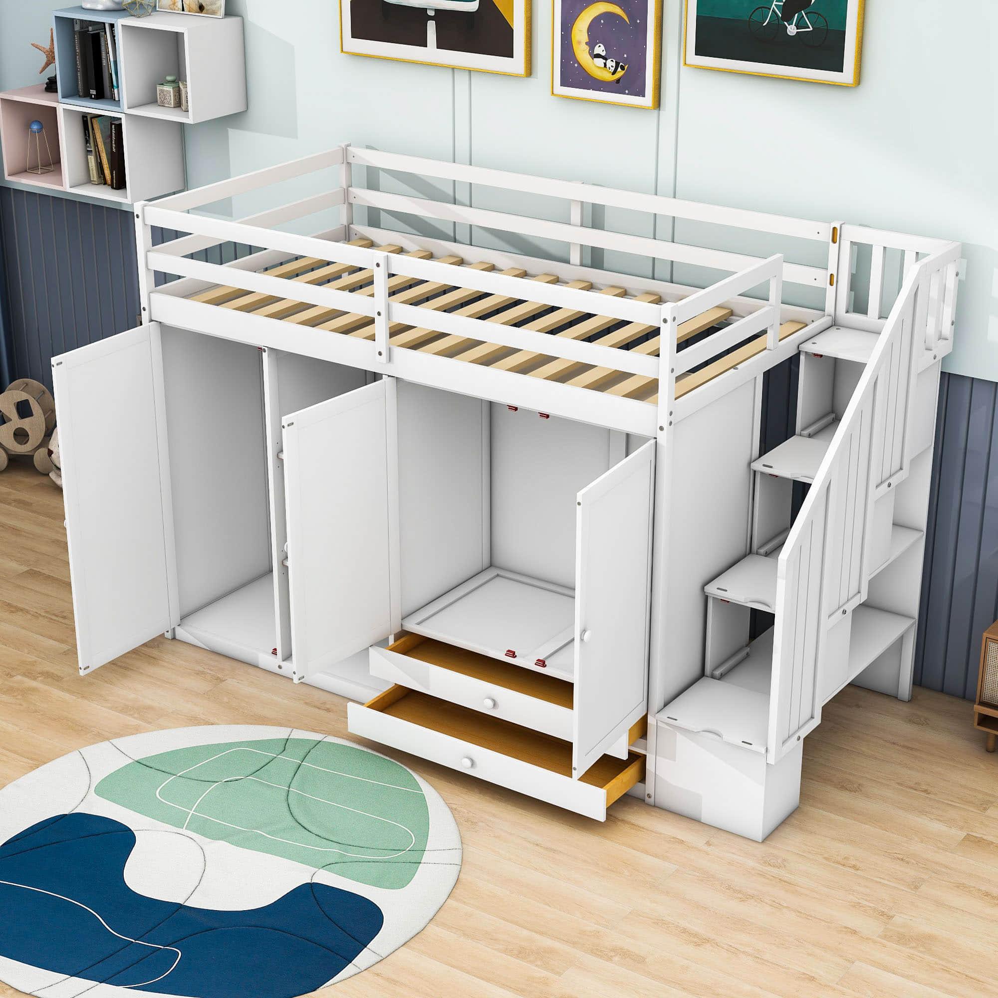 Medium Twin Loft Bed with Stairs and Storage - [Wood, Drawers, Wardrobe, Shelves]