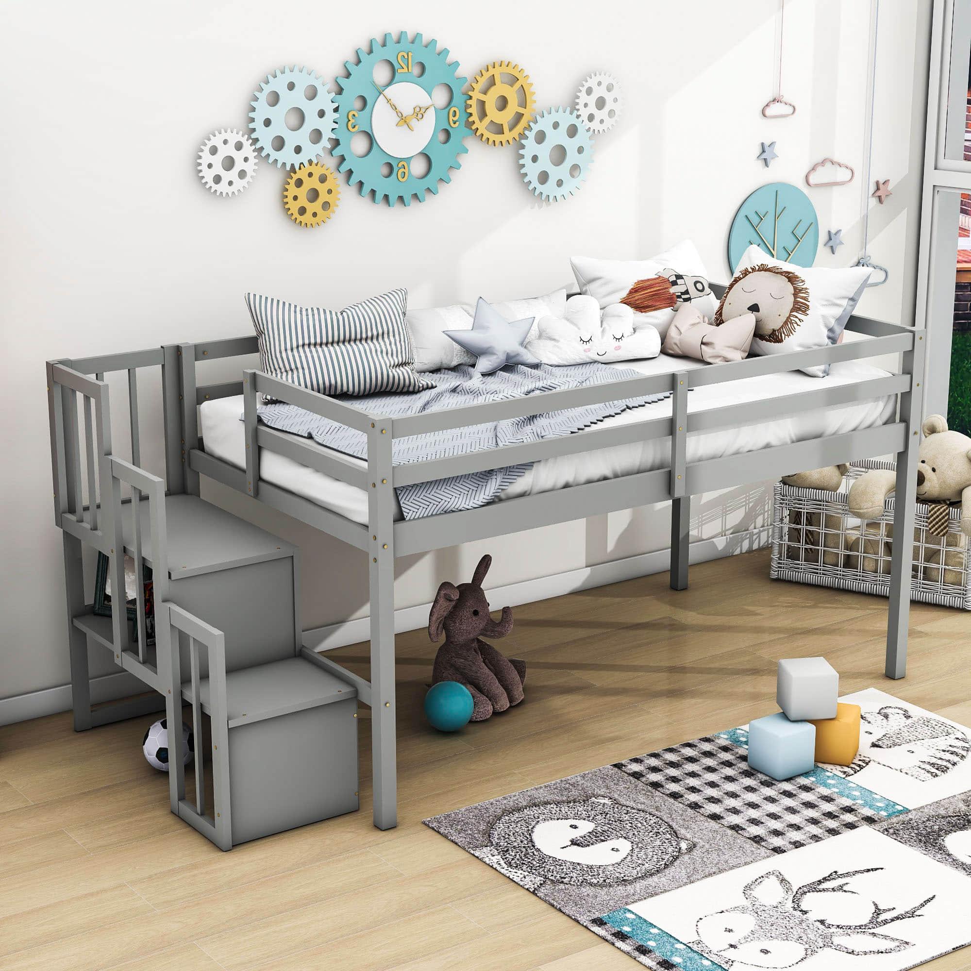 Wood Low Twin Loft Bed with Stairs and Storage for Kids, Toddler - [Shelves]