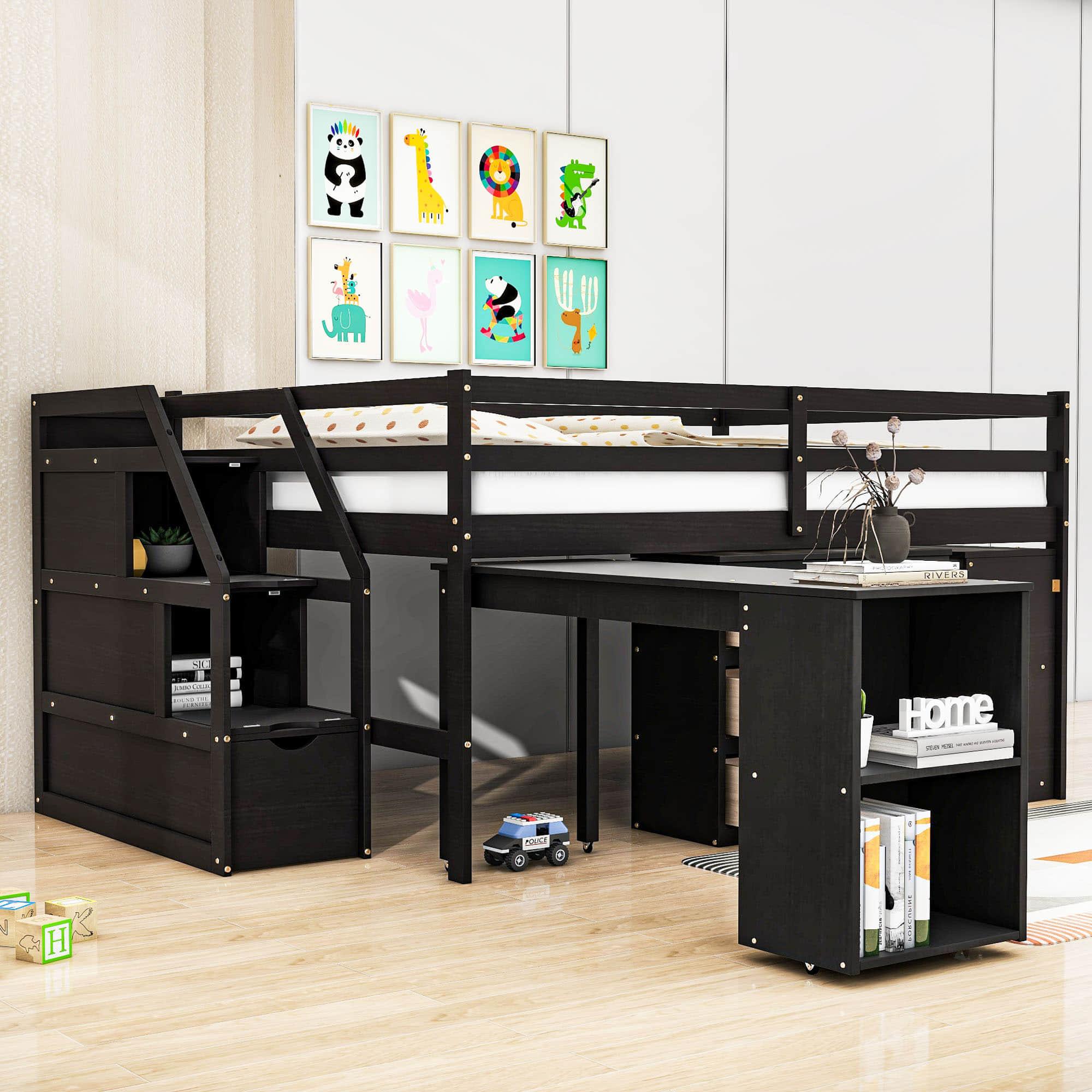 Full Size Kids Low Loft Bed with Desk and Stairs, Storage - [Dresser]