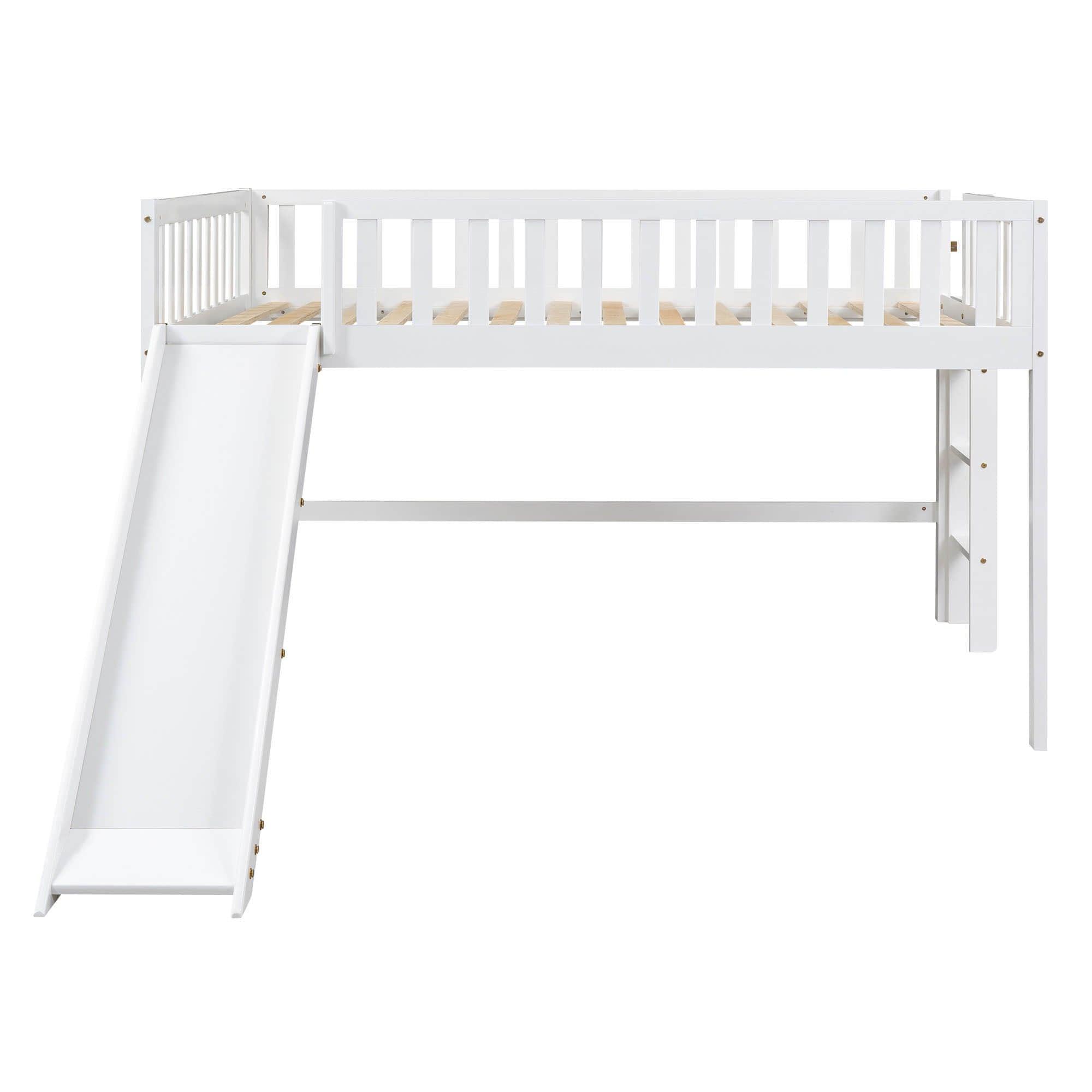 Full Size Low Loft Bed with Slide for Kids Toddler - [Wooden, Fun]