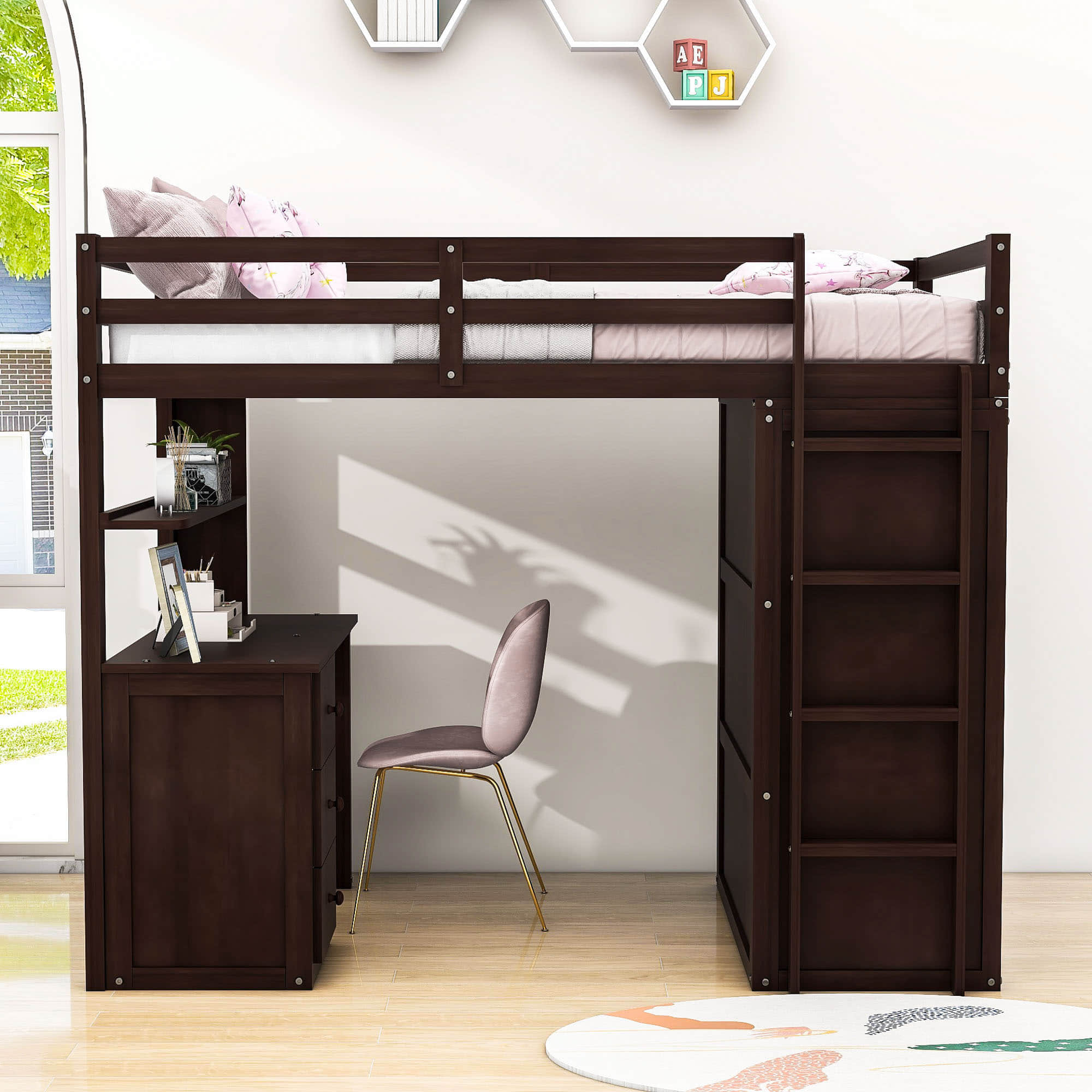 Wood Twin Loft Bed with Desk and Storage for Kids, Adults - [Wardrobe]