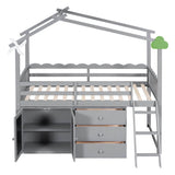 Twin Size Low House Loft Bed with Storage for Kids - [Cabinet, Drawers]