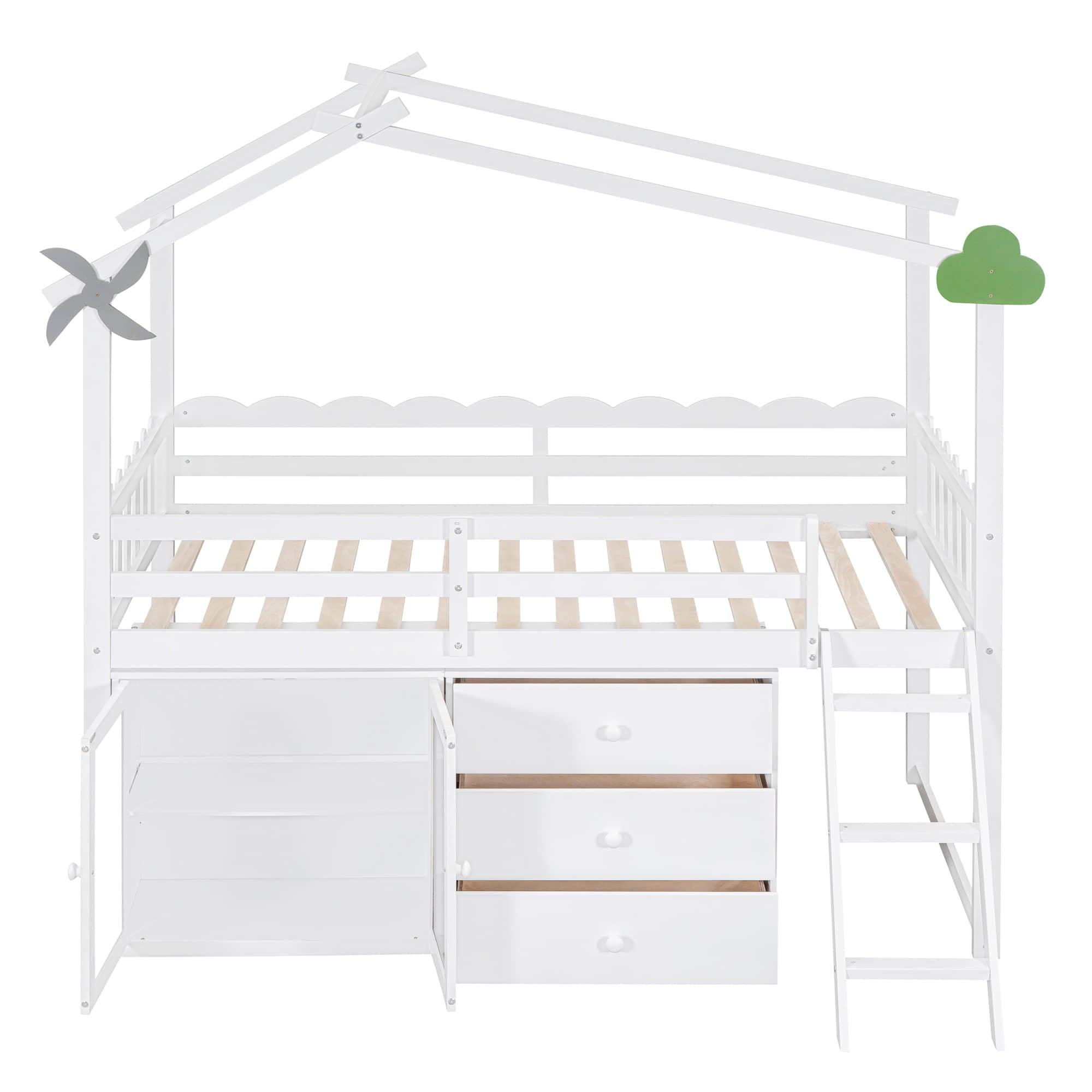 Twin Size Low House Loft Bed with Storage for Kids - [Cabinet, Drawers]