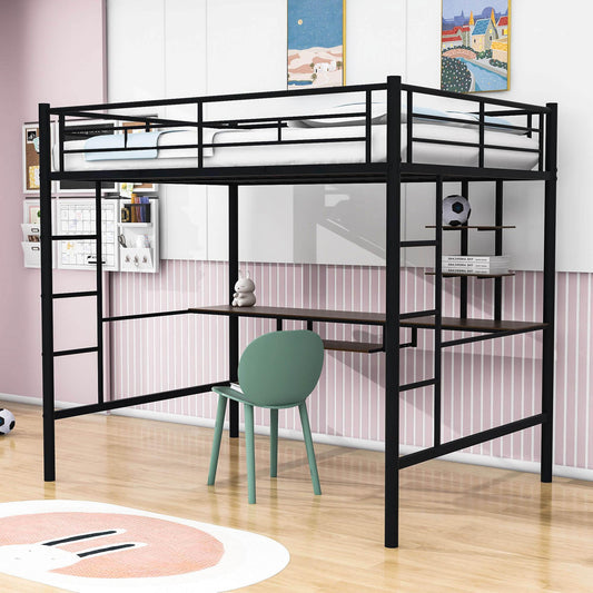 Metal Full Size Gaming Loft Bed Frame with Desk and Shelves - [2 Ladders]