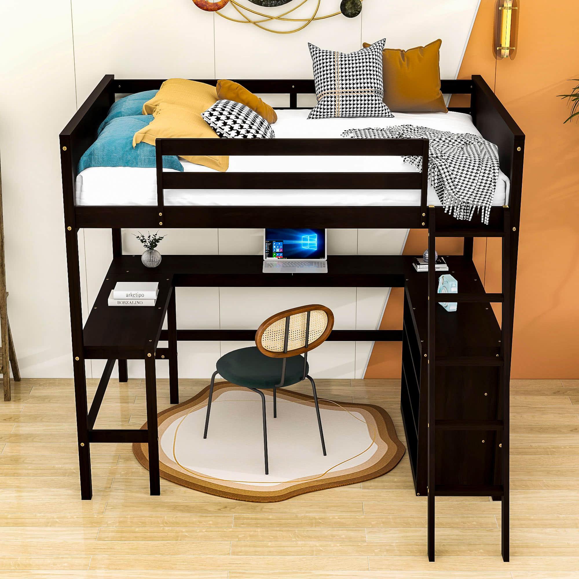 Full Size Convertible High Loft Bed with Desk and Shelves - [Cabinet, Wood]