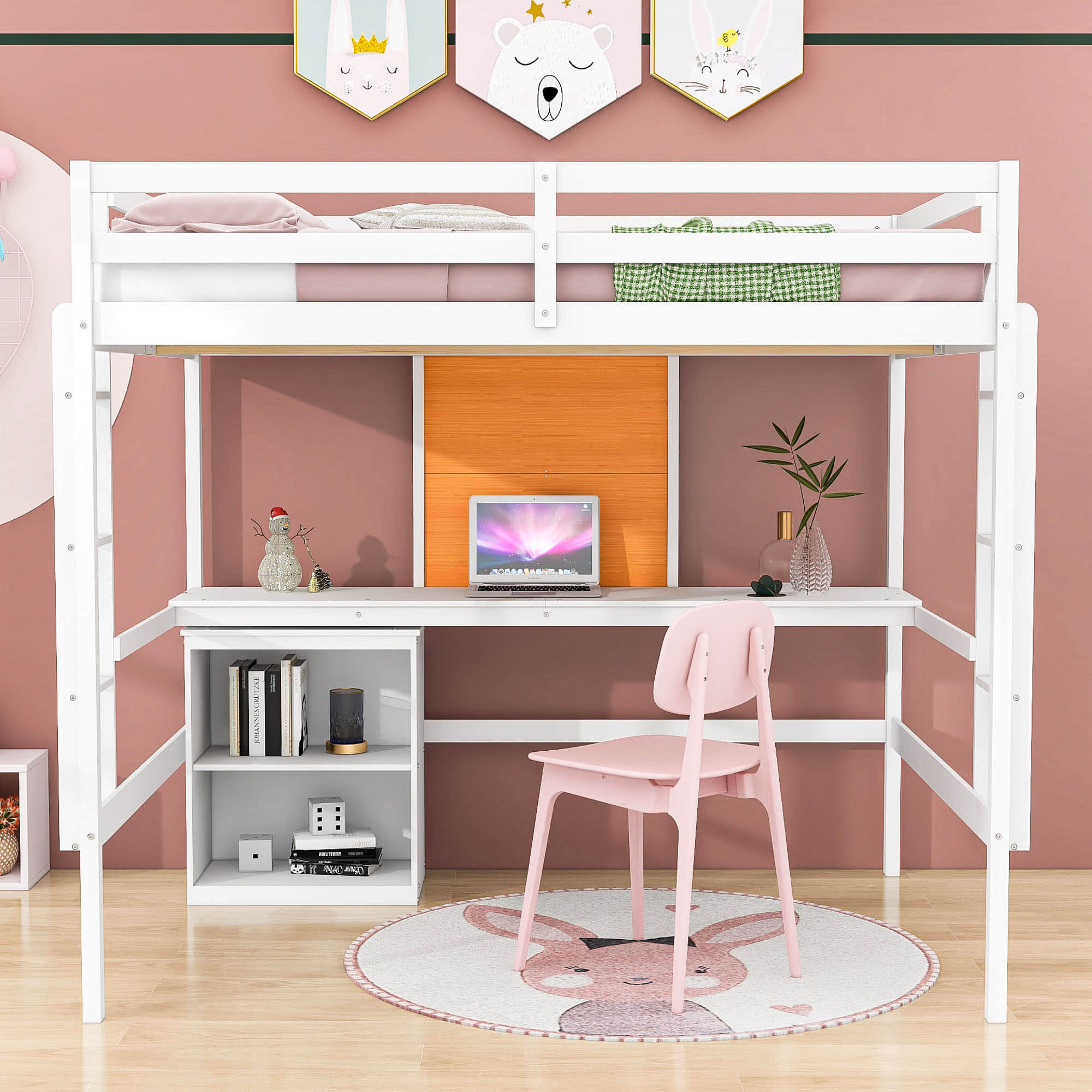 Full Size Loft Bed with Desk and Storage, Writing Board for Adults