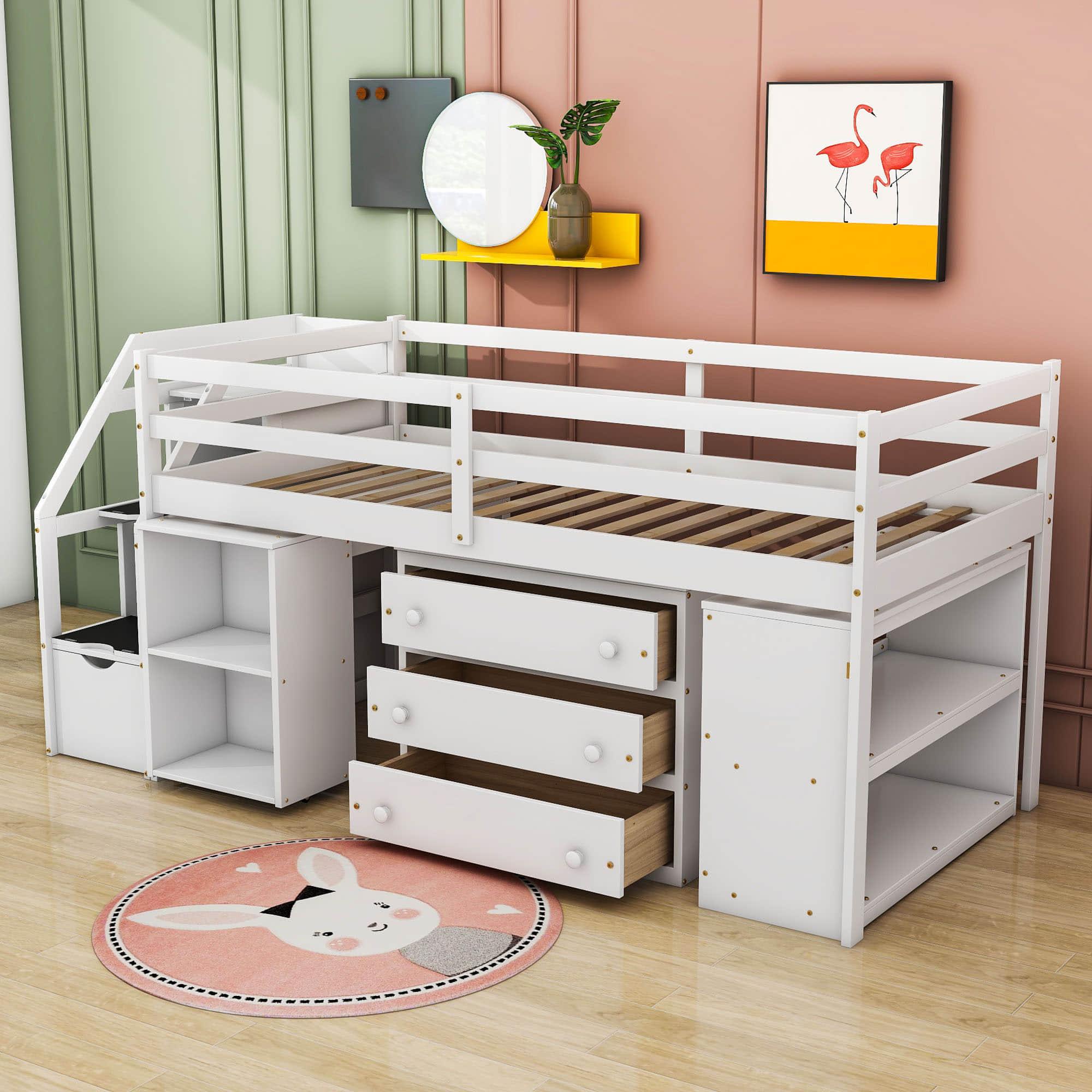 Low Twin Kids Loft Bed with Desk and Stairs, Storage - [Dresser]