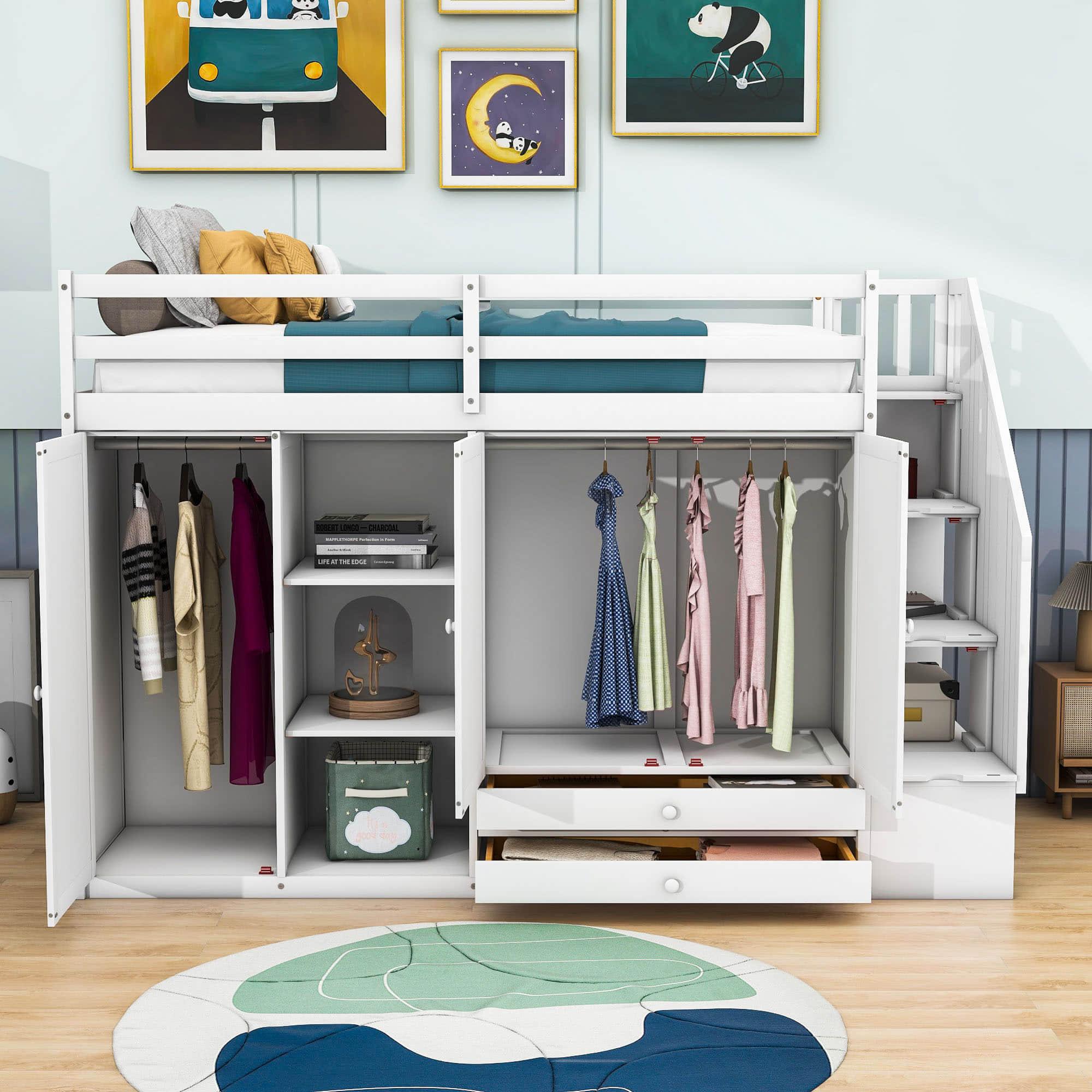 Medium Twin Loft Bed with Stairs and Storage - [Wood, Drawers, Wardrobe, Shelves]