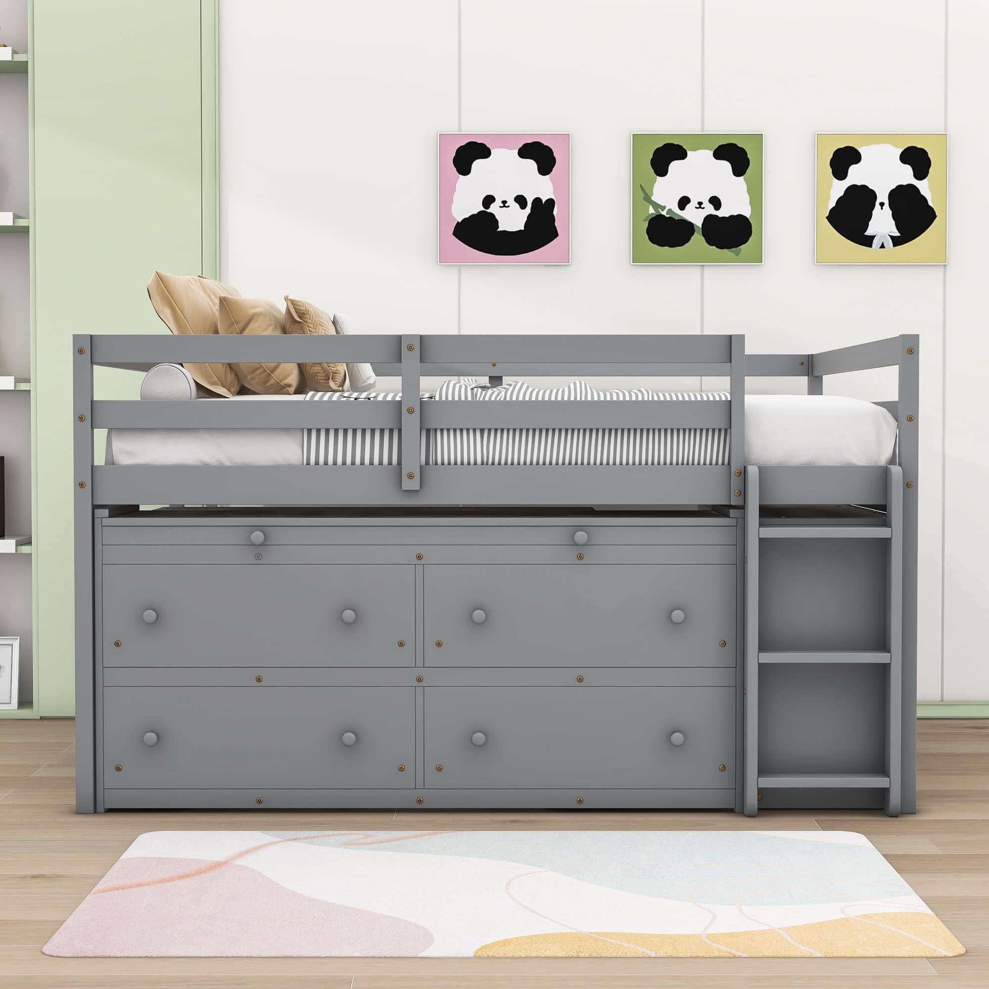 Full Size Low Loft Bed with Desk and Storage for Kids, Toddler