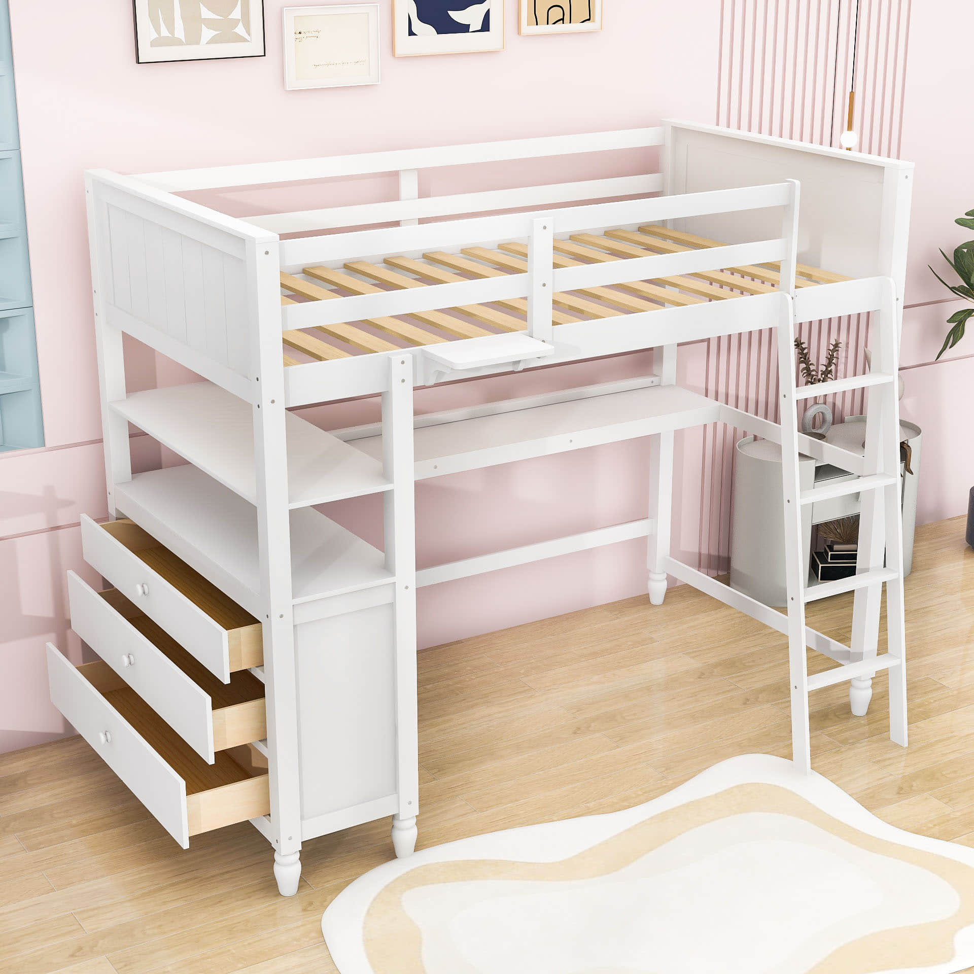 Twin Size Convertible Loft Bed with Desk and Storage - [Dresser, Shelves]