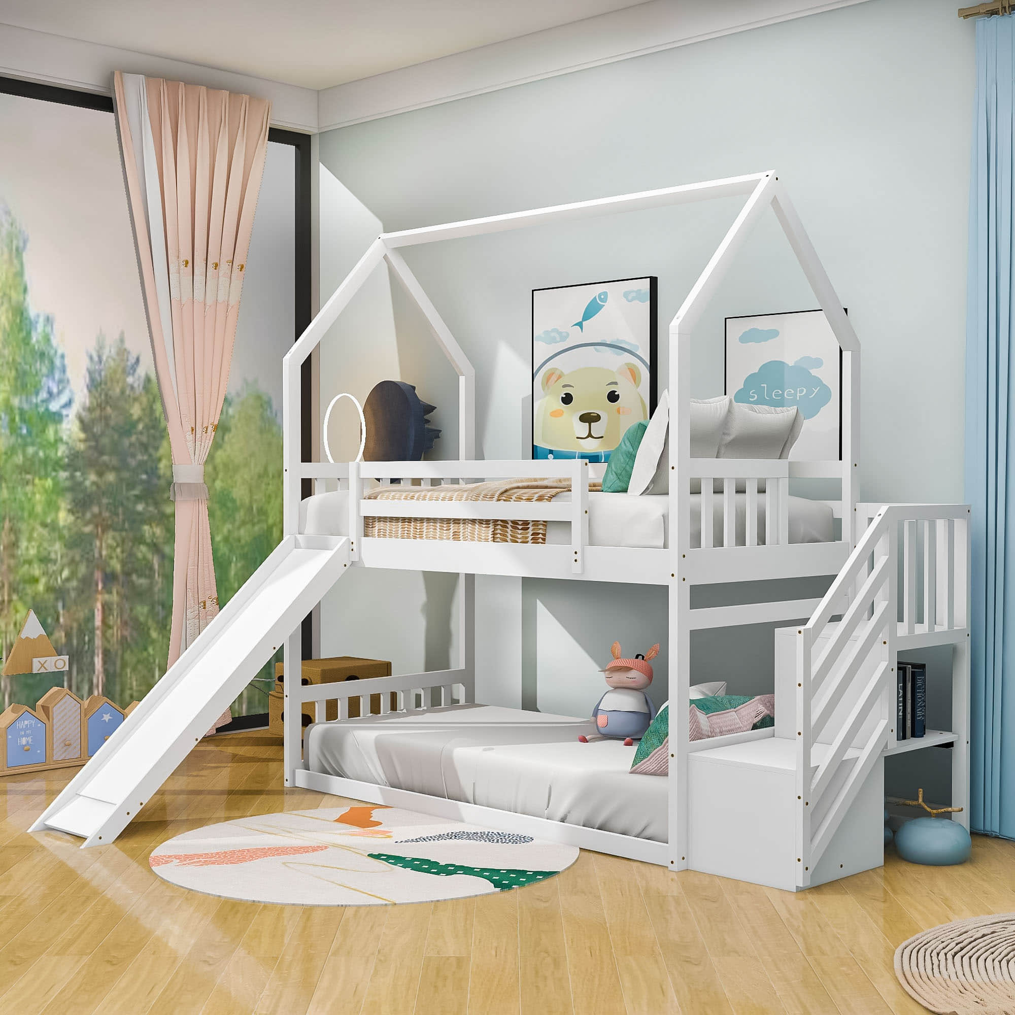 Low Twin Loft House Bunk Beds for Kids with Stairs and Slide - [Convertible]