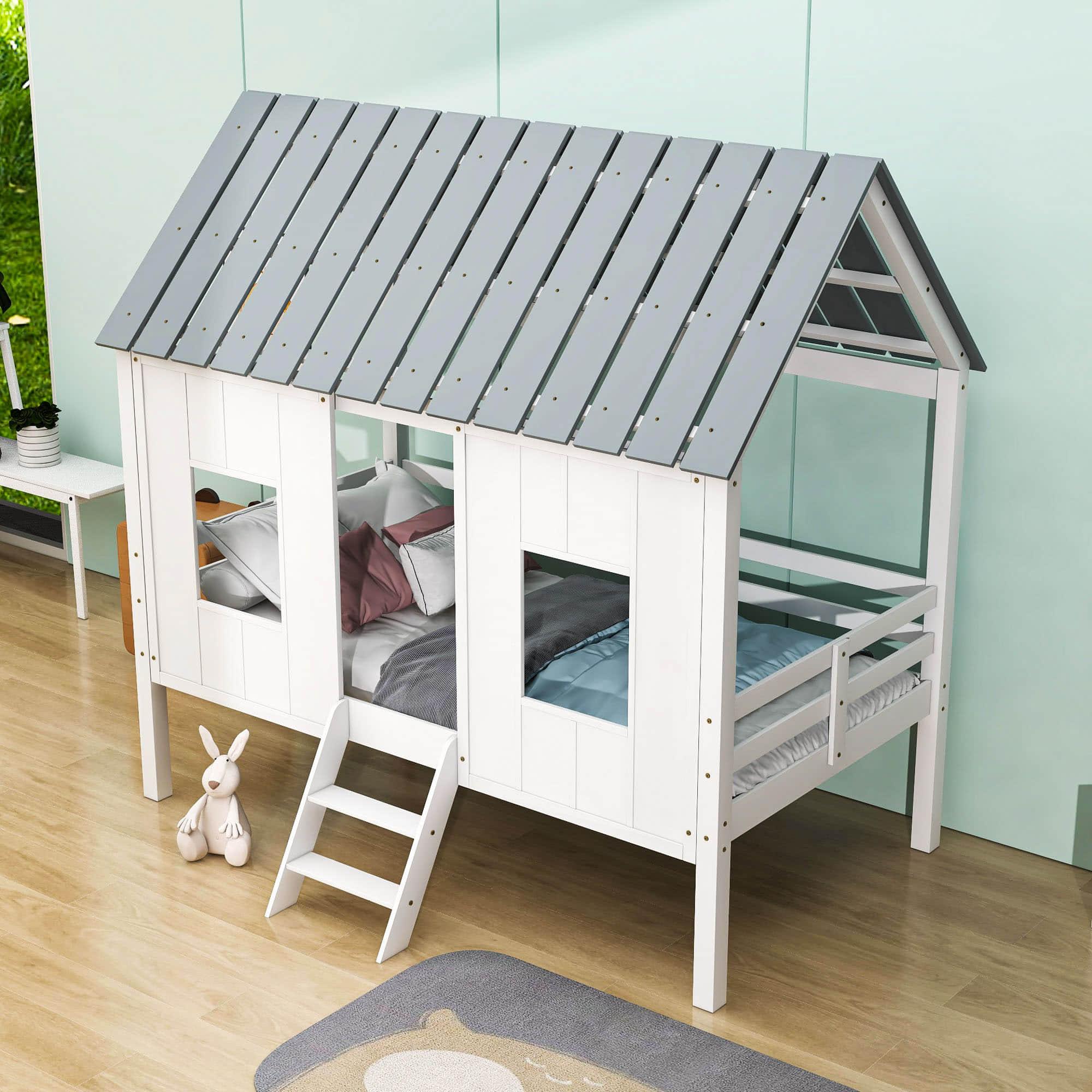 Wooden House Twin Low Loft Bed for Toddler, Kids