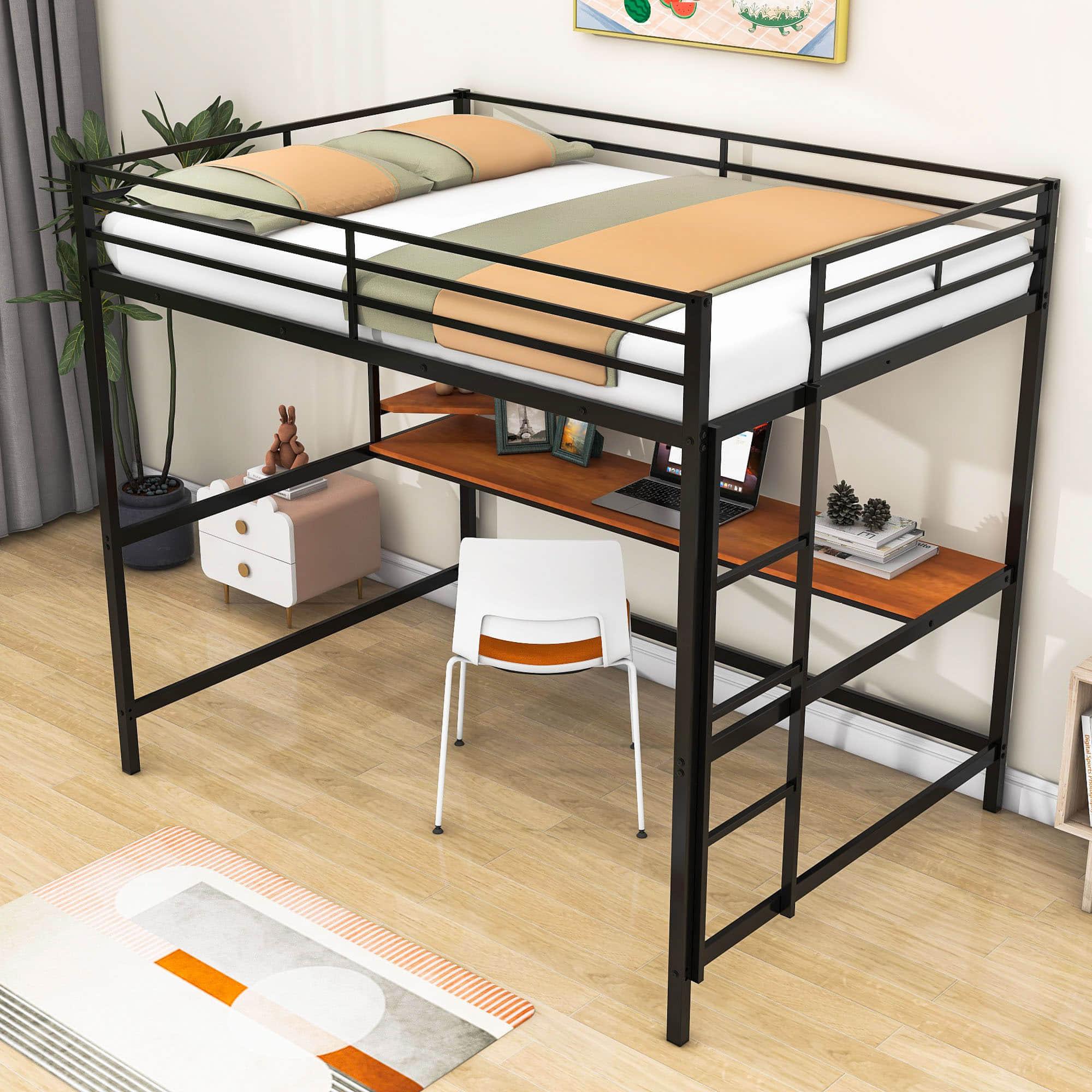 Full Size Metal Loft Bed with Desk and Shelves for Kids, Adults, Teens