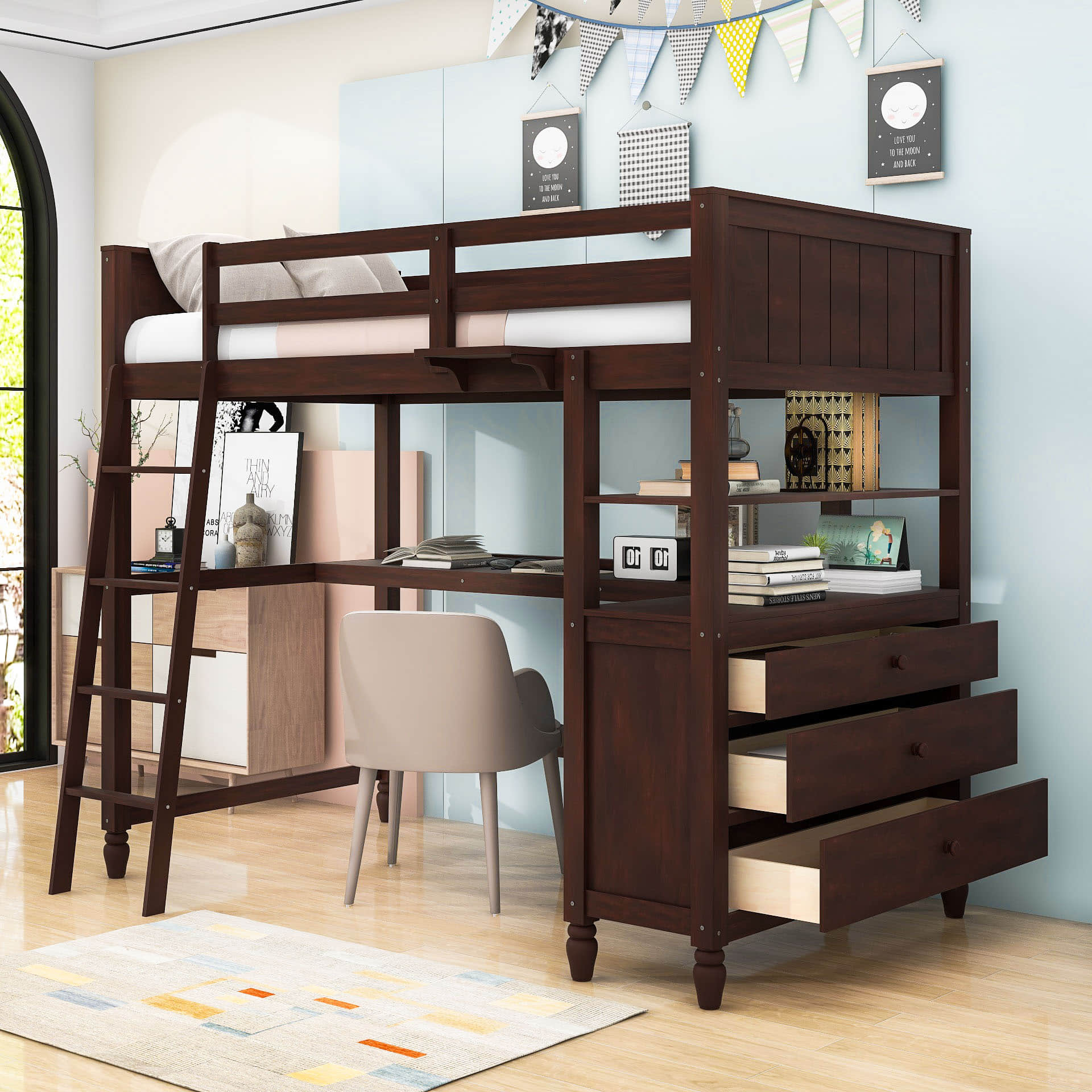 Twin Size Convertible Loft Bed with Desk and Storage - [Dresser, Shelves]